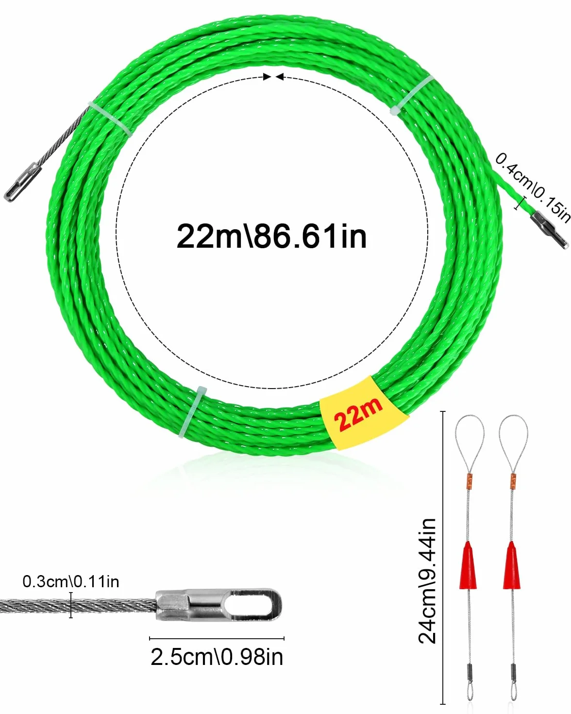 22m spiralny drut do przeciągania kabli, poliestrowy drut do przeciągania z 1 sprężynami prowadzącymi, taśma do przeciągania φ4mm, taśma do przeciągania kabli (zielony)