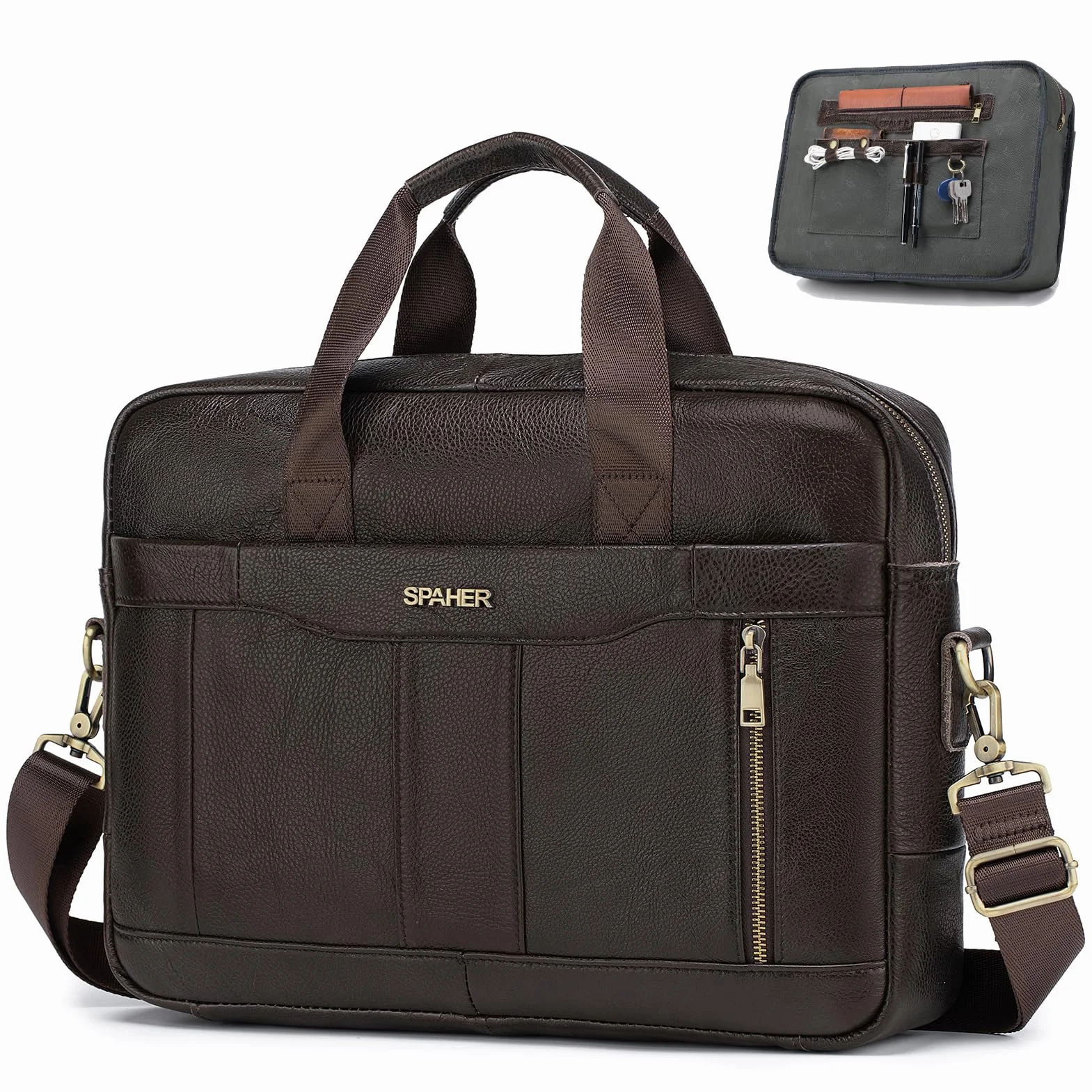 SPAHER Vintage Torba na Laptopa 14/15,6 cala Męska Teczka Prawdziwej Skóry Briefcase Torba na Ramię Torba na Biznesowa Pracy Notebooka Robocza Listonoszka Crossbody Wodoodporna
