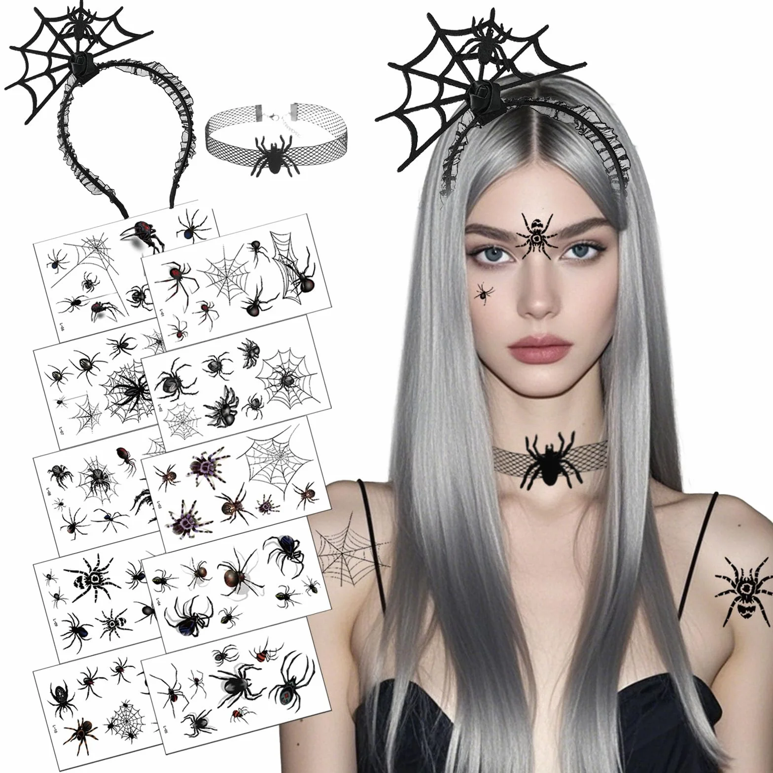 Opaska na włosy na karnawał, pająki, ozdoba do włosów, dla kobiet, z 10 arkuszami tatuaży, pająk, Halloween, akcesoria na karnawał, Halloween, imprezę, dla dzieci, do makijażu, na karnawał, imprezę,