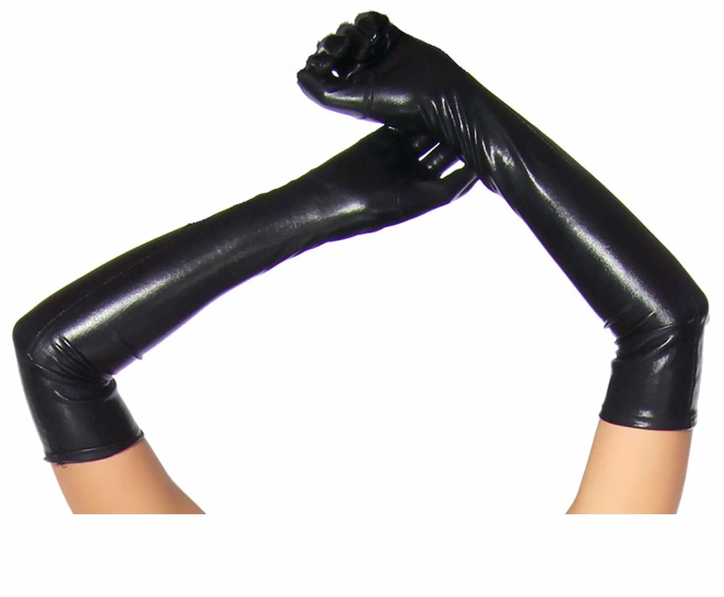 Krautwear® damskie długie, błyszczące, o wyglądzie wet look, skórzane rękawiczki wieczorowe, ok. 53 cm długości, czarny, jeden rozmiar