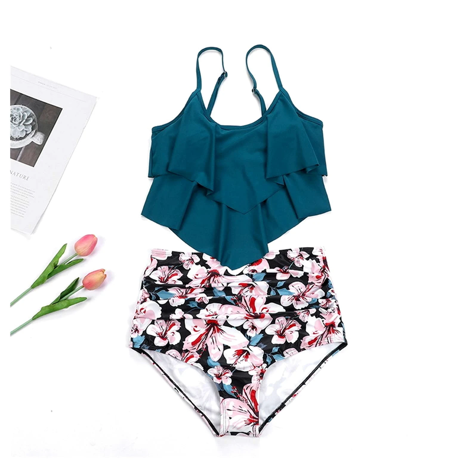 Dwuczęściowy strój kąpielowy Push Up Stroje kąpielowe Damskie zestawy bikini z wysokim stanem Plus rozmiar Wzburzyć strój kąpielowy Halter Dwuczęściowy zestaw bikini Strój kąpielowy Zestaw bikini (AS)