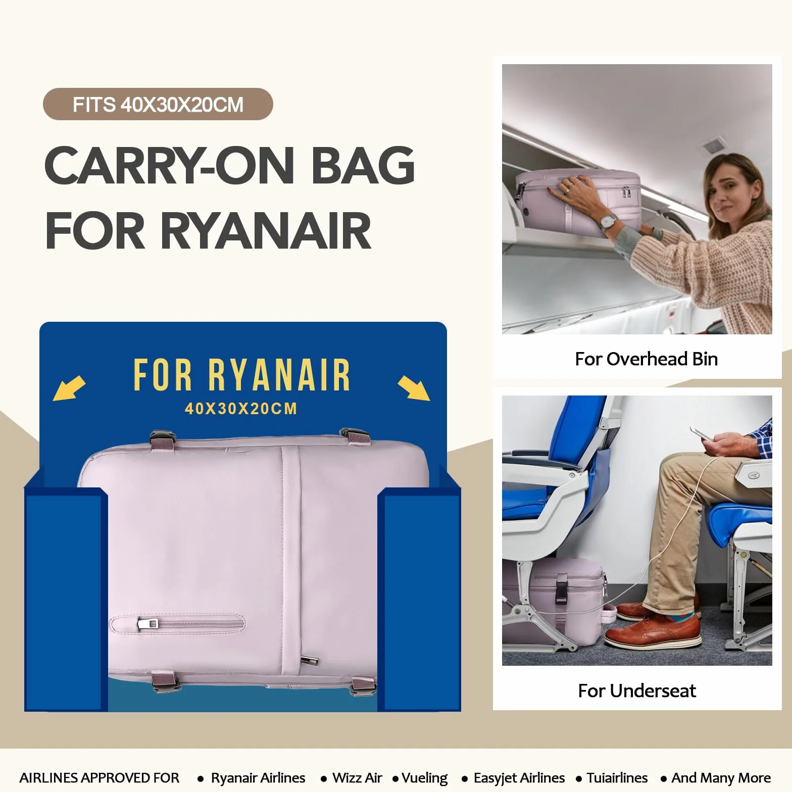 Xkdoai Plecak Ryanair 40 x 30 x 20 Plecak podróżny Ryanair 40x30x20 z torbą antykradzieżową i kieszenią na butelki do krótkich podróży, Jasnofioletowy, 40x30x20cm