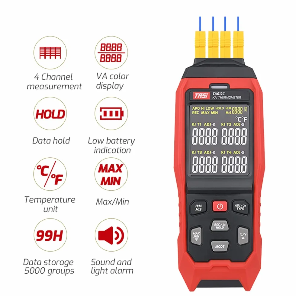 TA612C termometr termoelementowy typu K/J z 4 kanałami -200~1372℃/-328~2501℉ cyfrowy ręczny miernik temperatury LCD 5000 grup, przechowywanie danych z przesyłaniem danych USB i pomiarem w czasie rzeczywistym