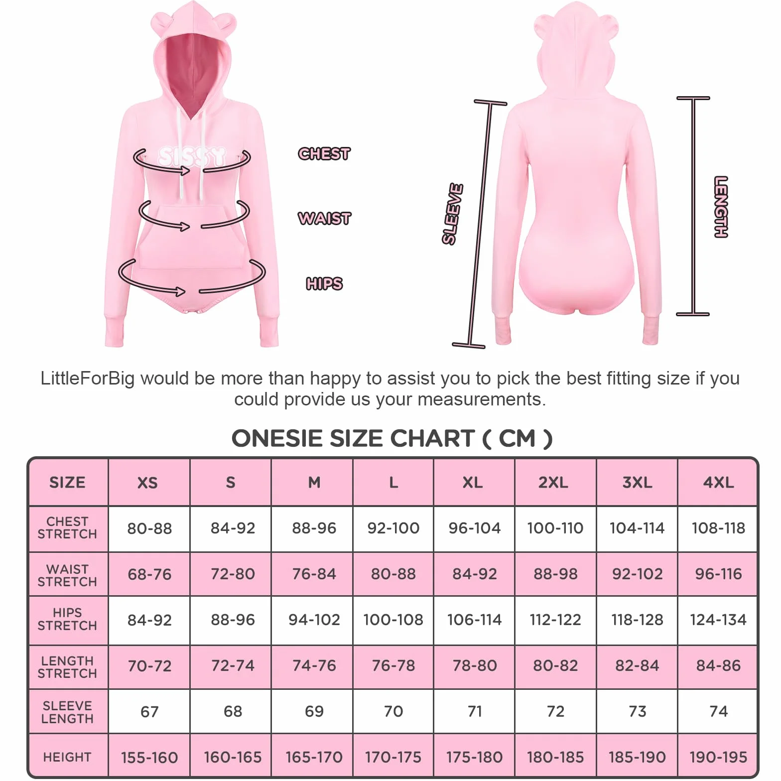 LittleForBig Bawełniany kombinezon jednoczęściowa piżama z kapturem body - przytulna bluza z kapturem Sissy Bear Onesie