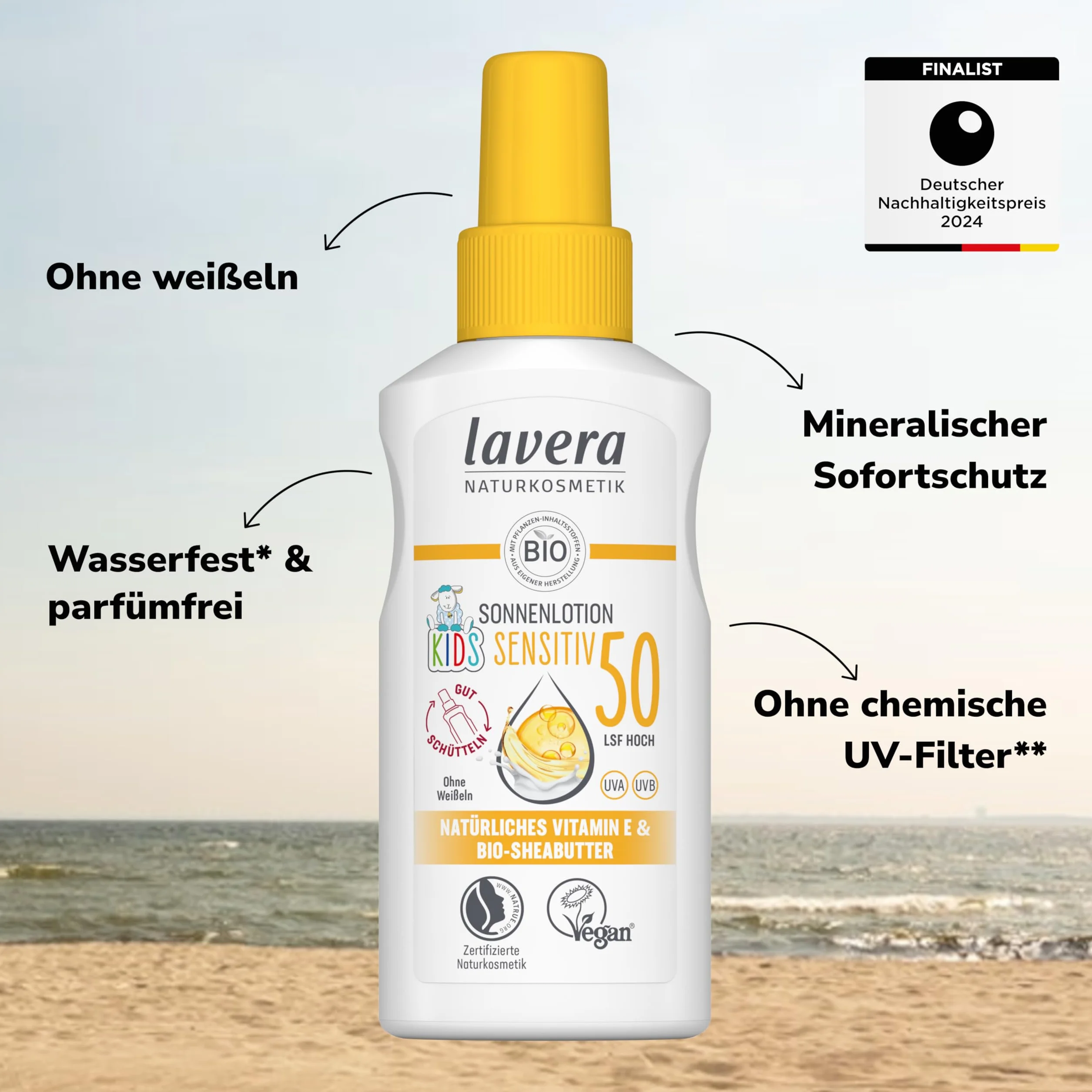 lavera Balsam przeciwsłoneczny Sensitiv Kids LSF 50 – krem przeciwsłoneczny dla dzieci – mineralna natychmiastowa ochrona – wodoodporny – wegański – naturalny kosmetyk – 100 ml