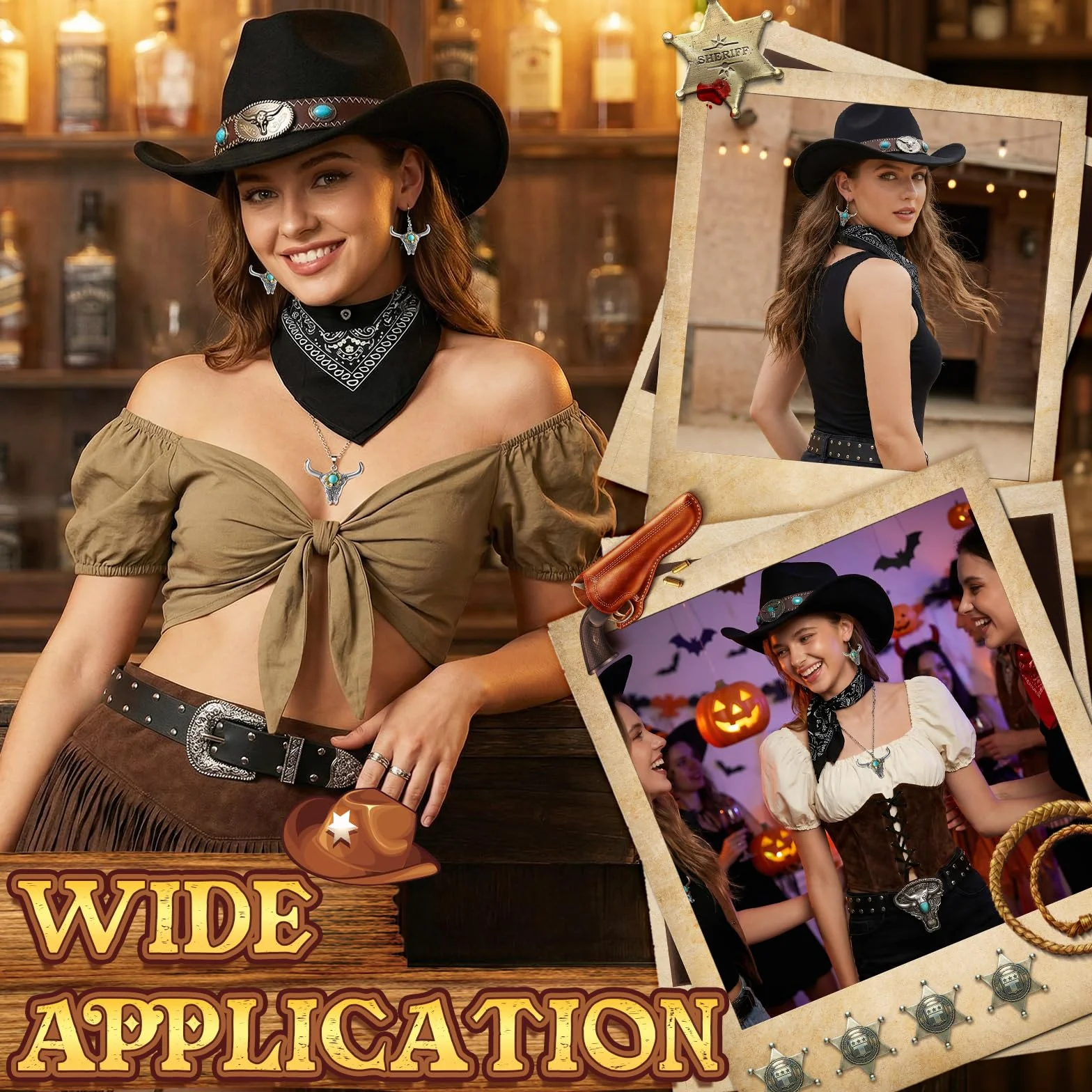 5 szt. turkusowo-brązowy western kowbojski strój damski z kapeluszem + kolczyki + naszyjnik + pasek + bandana dla dorosłych, karnawał, impreza tematyczna, cosplay