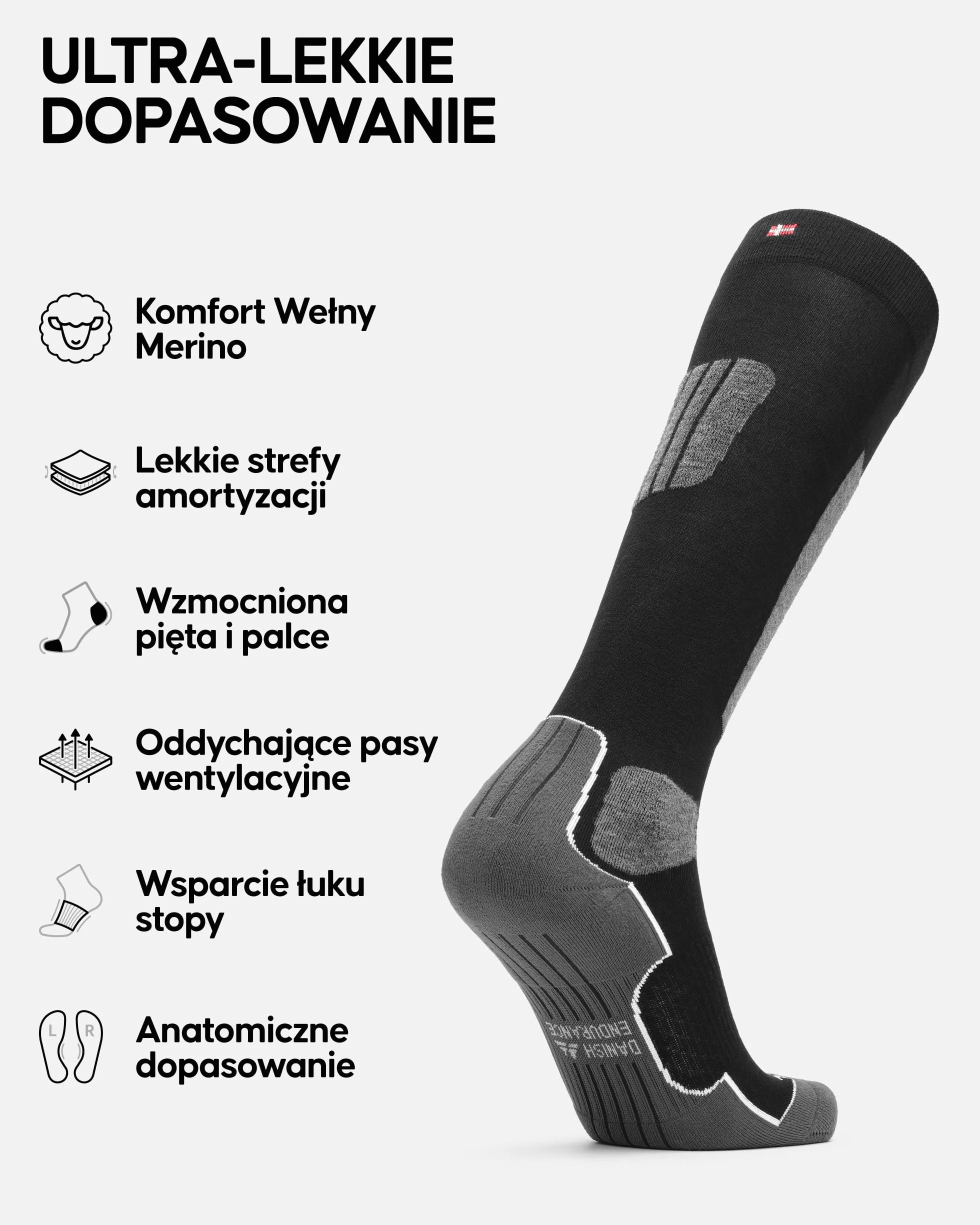 DANISH ENDURANCE Skarpety Narciarskie Merino, Lekkie, Precyzyjnie Dopasowane, z Niską Amortyzacją, Bezpośredni Kontakt z Butem i Kontrola nad Nartami