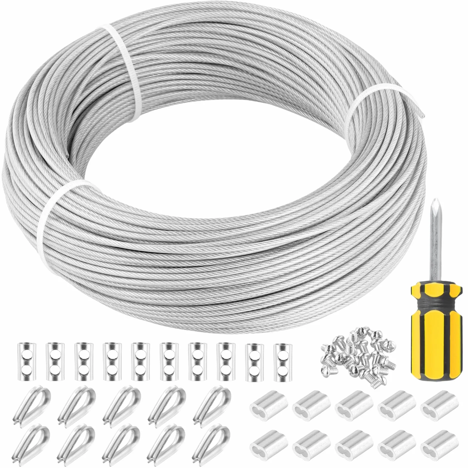 Linka stalowa 70 m, os?oni?ta linka stalowa 2 mm, stal nierdzewna 304, zestaw z 10 zaciskami kablowymi, 10 linami drucianymi i 8 tulejkami aluminiowymi, drut ze stali nierdzewnej, linka