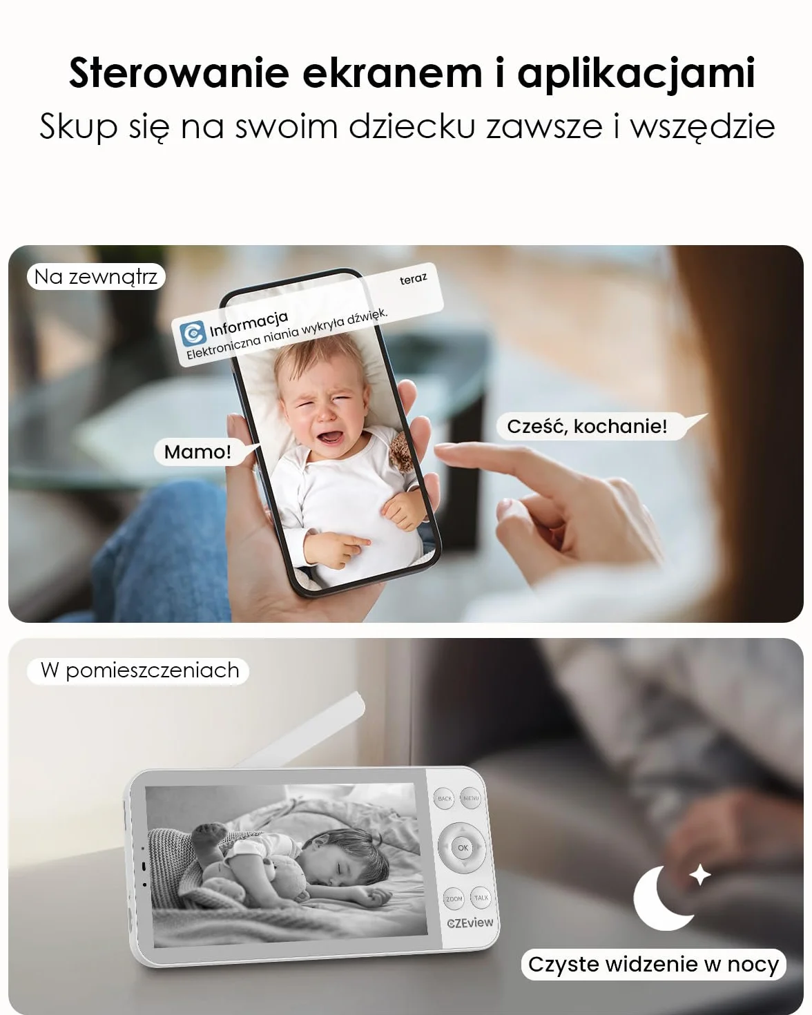 CZEview Elektroniczna niania 5,5" z kamerą i aplikacją, 2 K HD, lampka nocna, noktowizor, WLAN, wideo, elektroniczna niania, muzyka, wykrywanie ruchu, hałasu i temperatury (Biały)