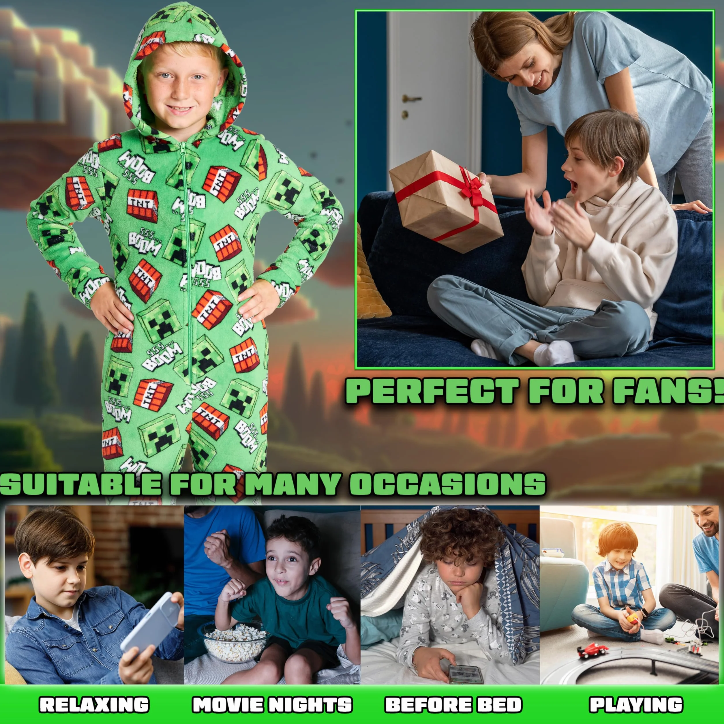 Minecraft Onesie, kombinezon dziecięcy, piżama dla chłopców, kombinezon do spania dla dzieci, ciepły kombinezon polarowy