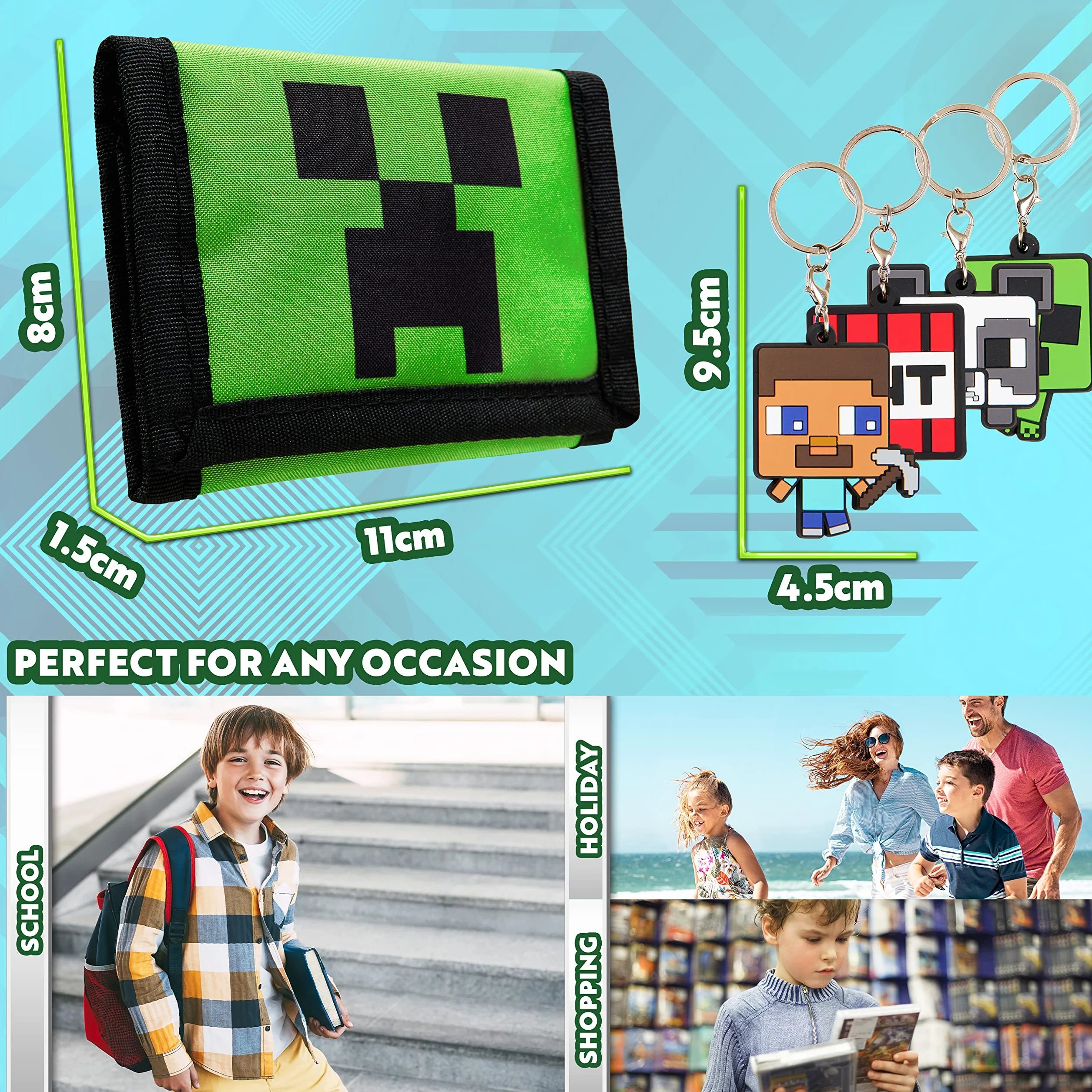 Minecraft Portfel chłopięcy z przegródkami na karty i kieszenią na monety z zamkiem błyskawicznym - breloki Creeper dla dzieci akcesoria dla graczy, zestaw upominkowy - prezenty dla graczy
