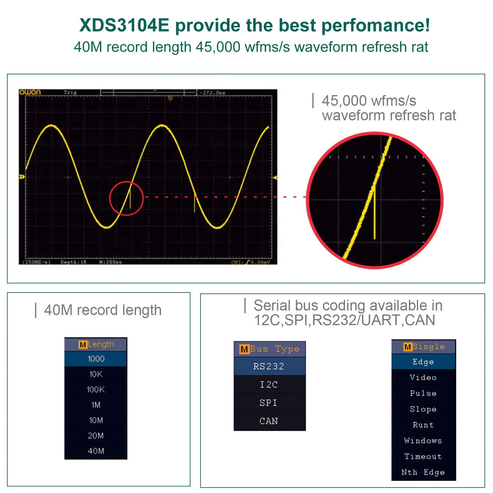 OWON XDS3104E oscyloskop LCD o wysokiej rozdzielczości 8" ekran dotykowy, przepustowość 100 MHz i częstotliwość próbkowania 1GS/s częstotliwość odświeżania 45 000 wfms/s przebieg odświeżania z 4CH DSO