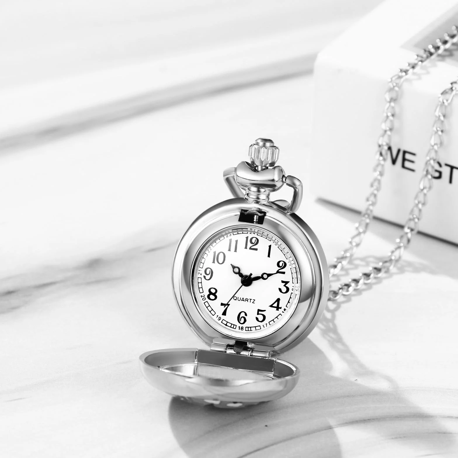 JewelryWe Zegarek kieszonkowy damski, elegancki zegarek z motywem drzewa życia/czaszki/motyla/anioła, dziewczęcy, analogowy zegarek kwarcowy z łańcuszkiem, kieszonkowy, prezent, różowe złoto, Srebrny