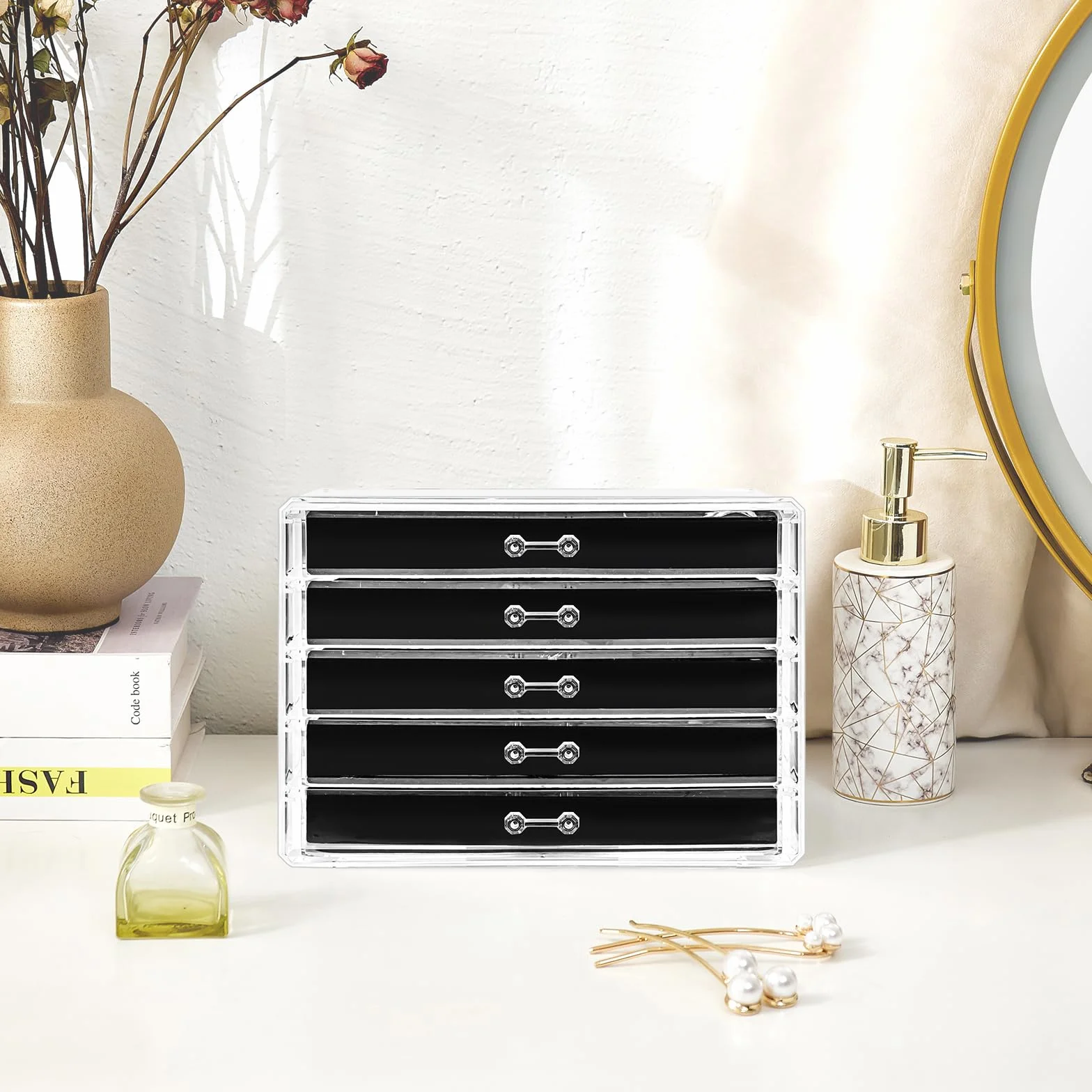 ProCase Organizer na kolczyki z 5 szufladami przezroczysty akrylowy czarny