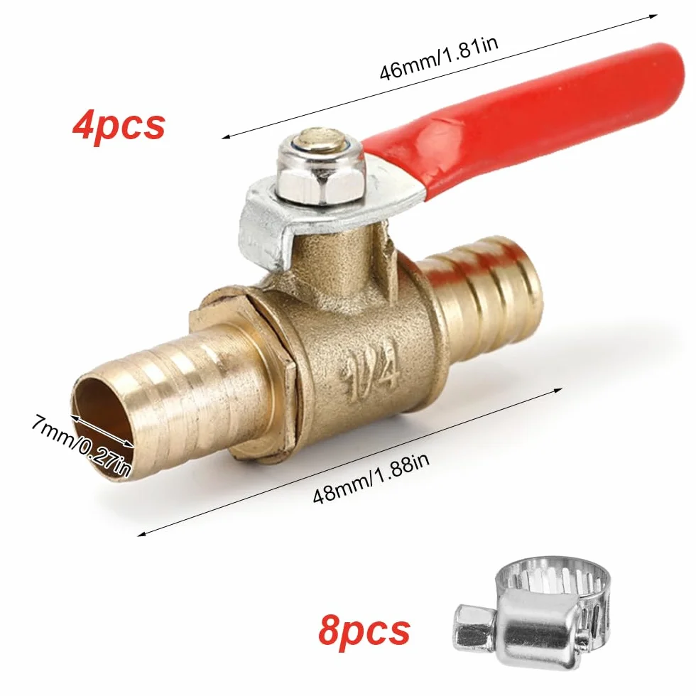 4 sztuki zaworów kulowych 8 mm z mosiądzu, zawór kulowy z hakiem, zawór kulowy z 8 zaciskami zaciskowymi, uchwyt uruchamiający 180°, śruby do rur zaworowych, do powietrza gazowego, przewodów