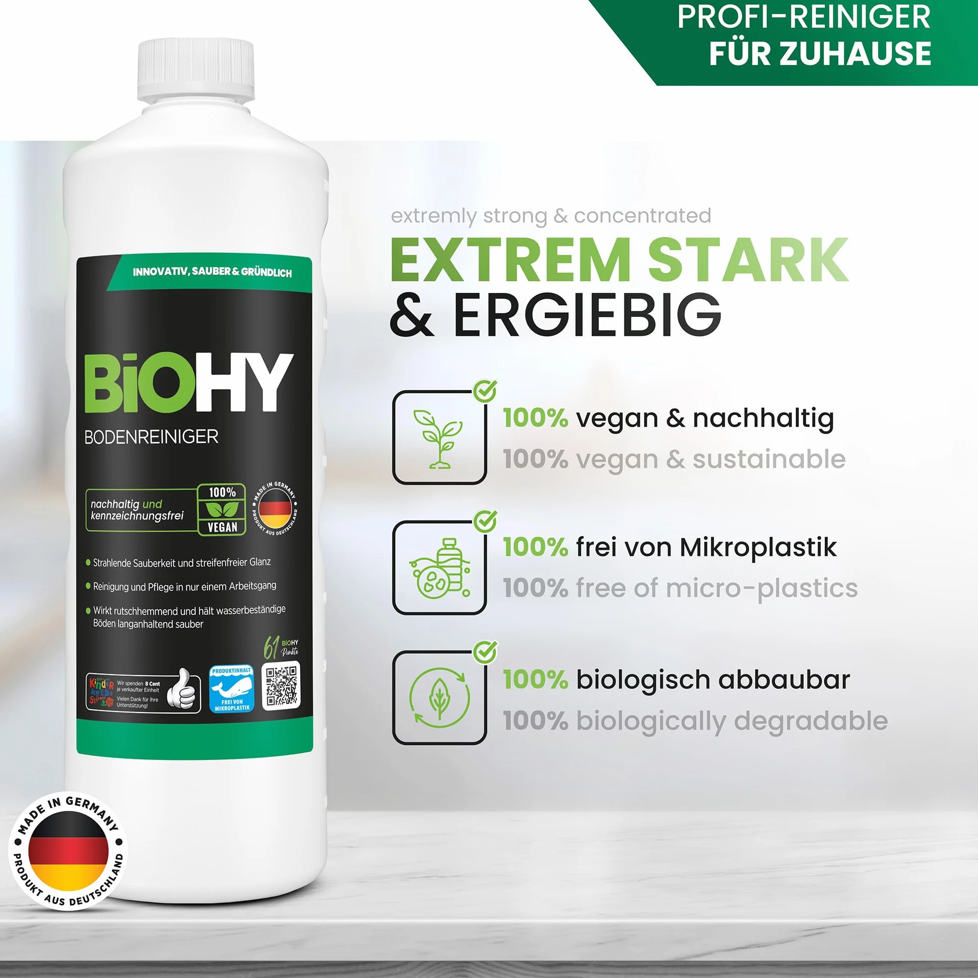 BiOHY Środek do czyszczenia podłóg (3 x butelka 1l) + dozownik | Koncentrat do podłóg twardych i wszystkich urządzeń czyszczących| Przyjemny zapach i czyszczenie bez smug (Bodenreiniger)