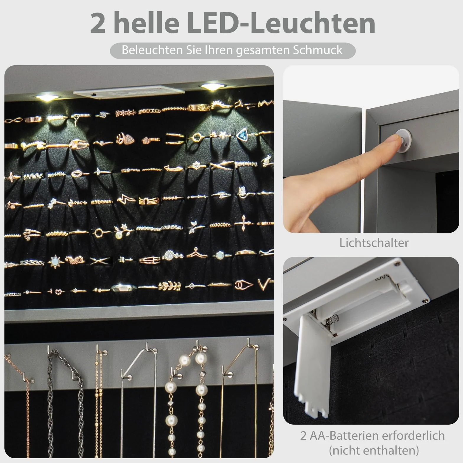 COSTWAY Szafka na biżuterię z lustrem LED, zamykana na klucze, 120 x 35,5 x 10 cm, szara