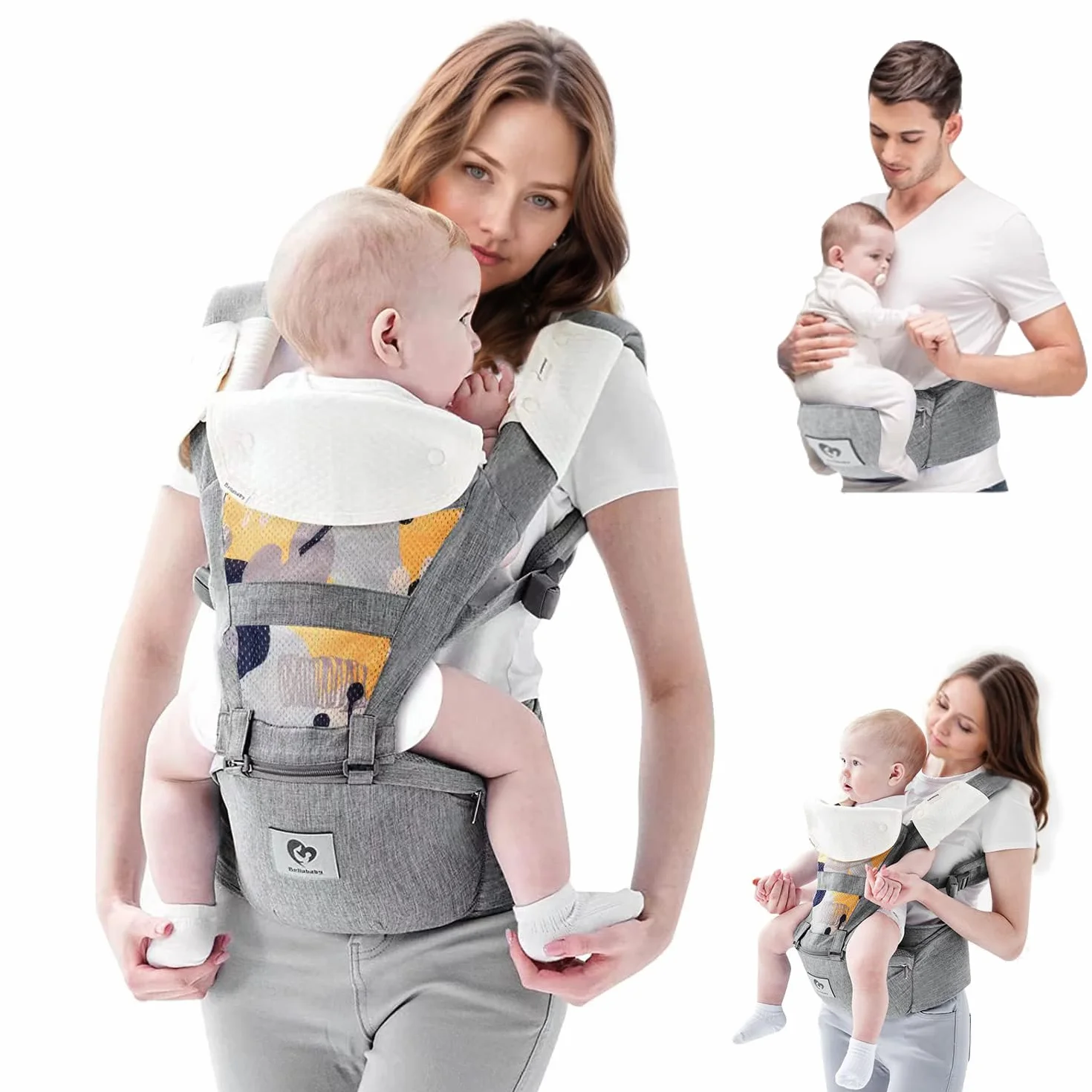 Bellababy Nosidełko dla niemowląt, all-in-one nosidełko dla noworodków od urodzenia, niemowląt i małych dzieci (0-36 miesięcy), regulowane siedzisko, torba do przenoszenia, 3 pozycje noszenia (kolor szary)