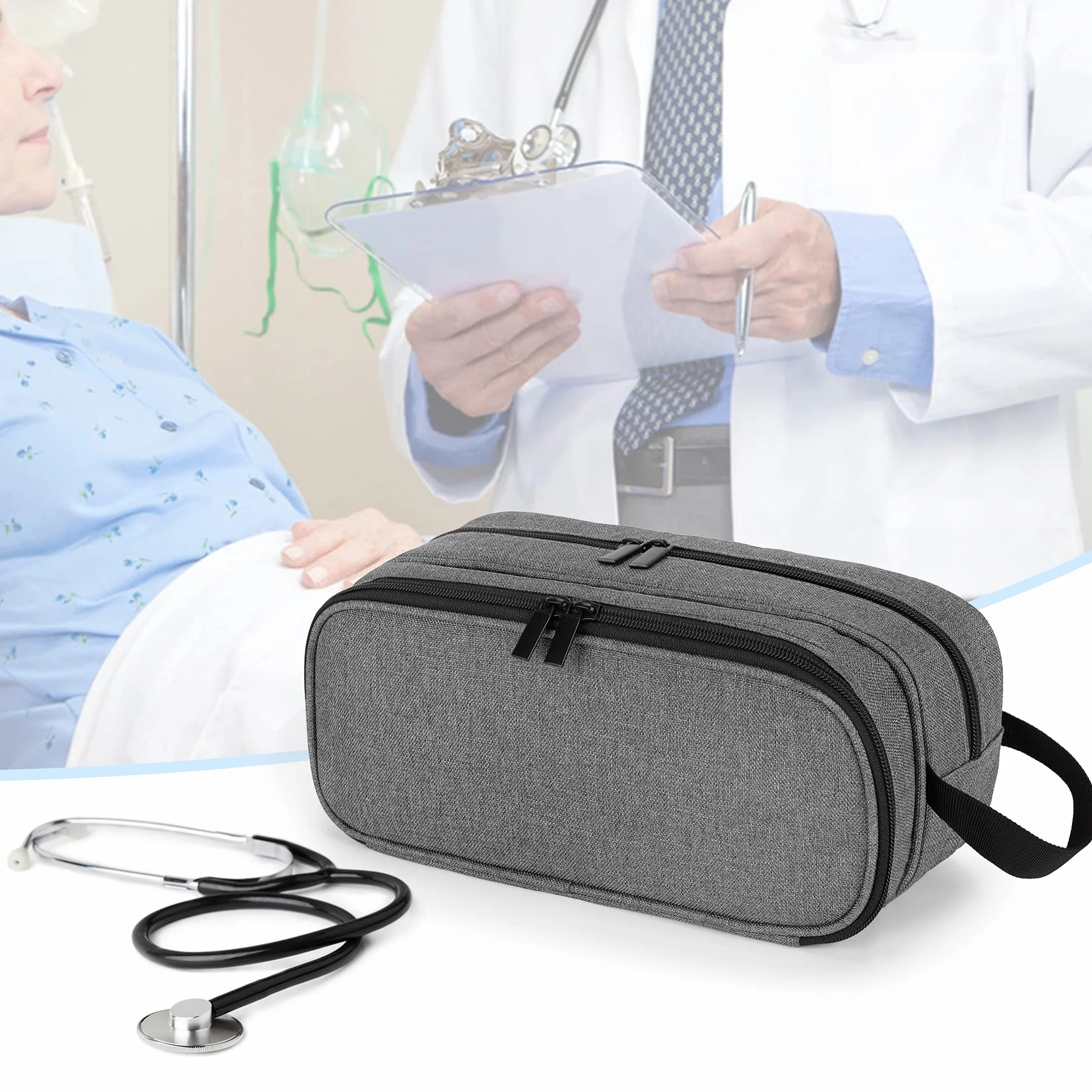 Trunab Stetoskop torba do noszenia kompatybilna z 3M Littmann/MDF/ADC, trzymająca dwa stetoskopy lub mankiety BP, medyczna obudowa z dodatkową kieszenią na akcesoria dla pielęgniarek, niezbędne akcesoria dla pielęgniarek, lekarzy, szary