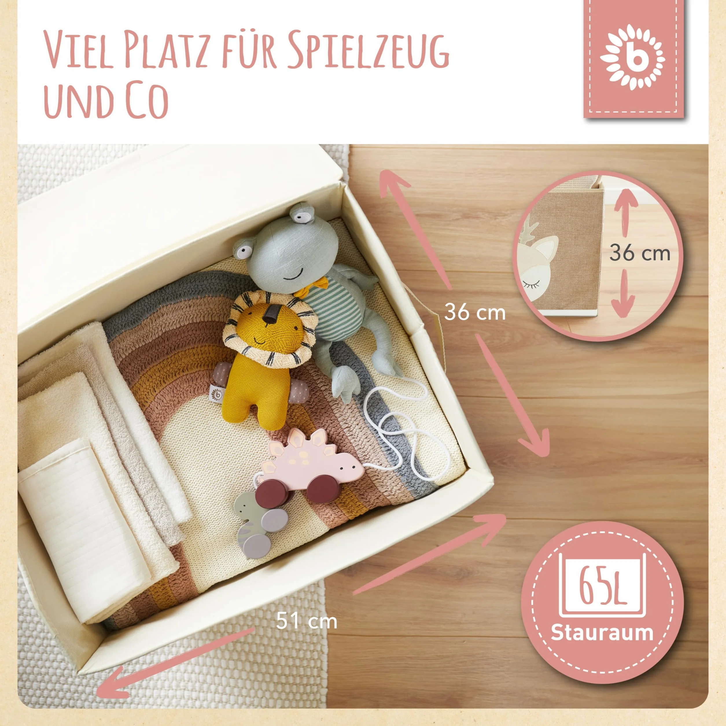 Bieco Składane pudełko z pokrywką | 65 litrów | ok. 36 x 36 x 51 cm | skrzynka na zabawki | dzieci | skrzynki | duże | organizer na stół do przewijania | jeleń Ella