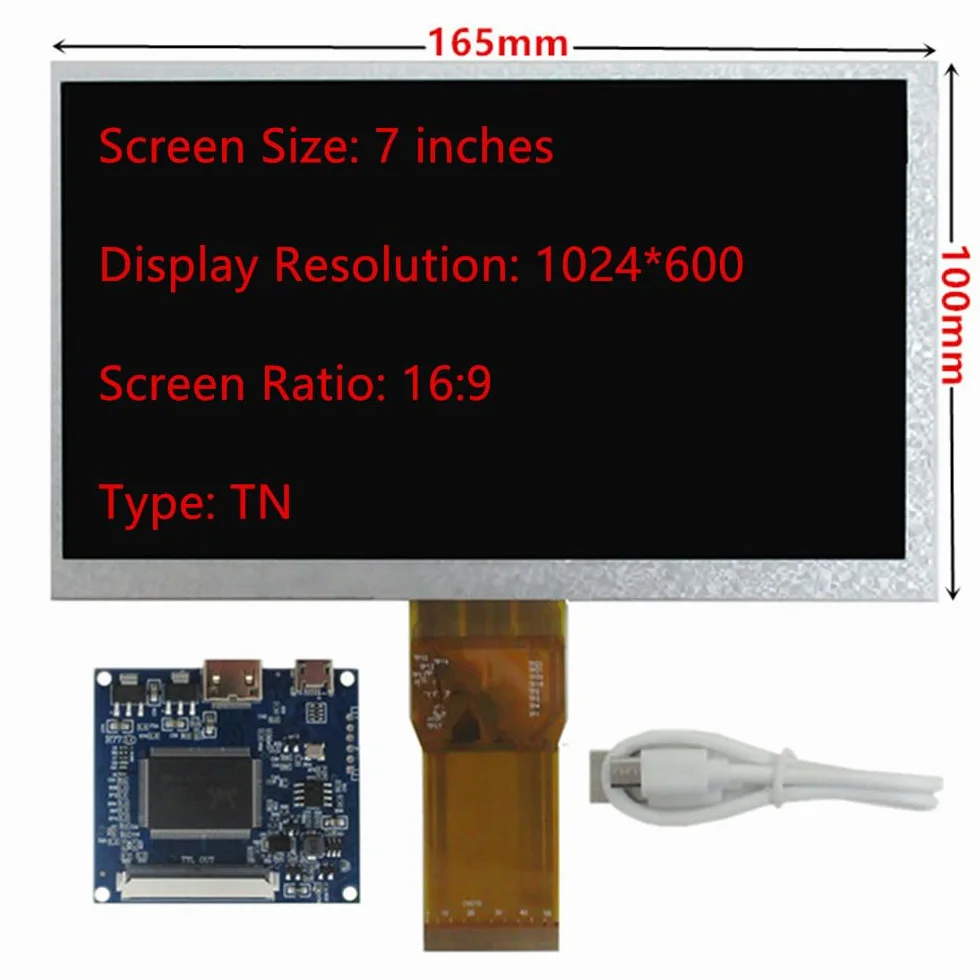 Uniwersalny wyświetlacz LCD 1024 x 600 cm (7") (1024 x 600 cm), uniwersalny wyświetlacz LCD, mini HDMI, płyta sterująca sterownikami Raspberry Pi PC, komputer stacjonarny, monitor drugi ekran.