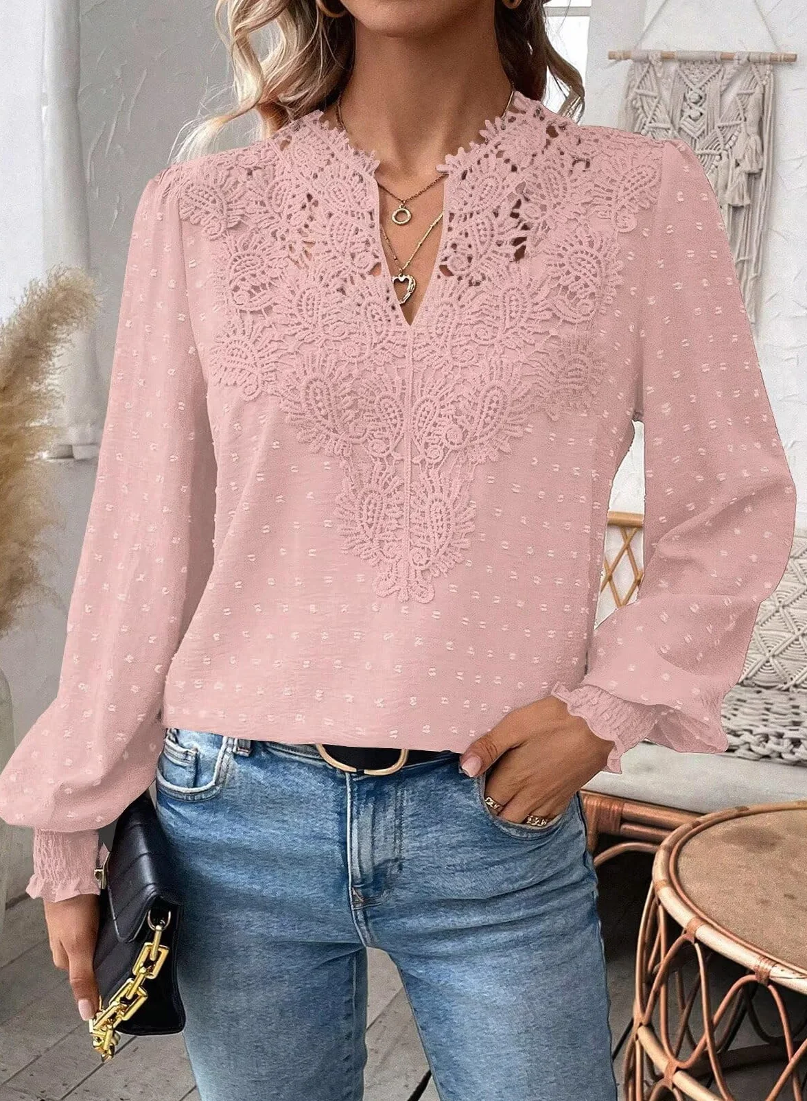 Elegancka Koszulka Damska Długim Rękawem Koszulki Dekoltem W Serek Jesień Boho Casual Falbany Koszula Odzież Top