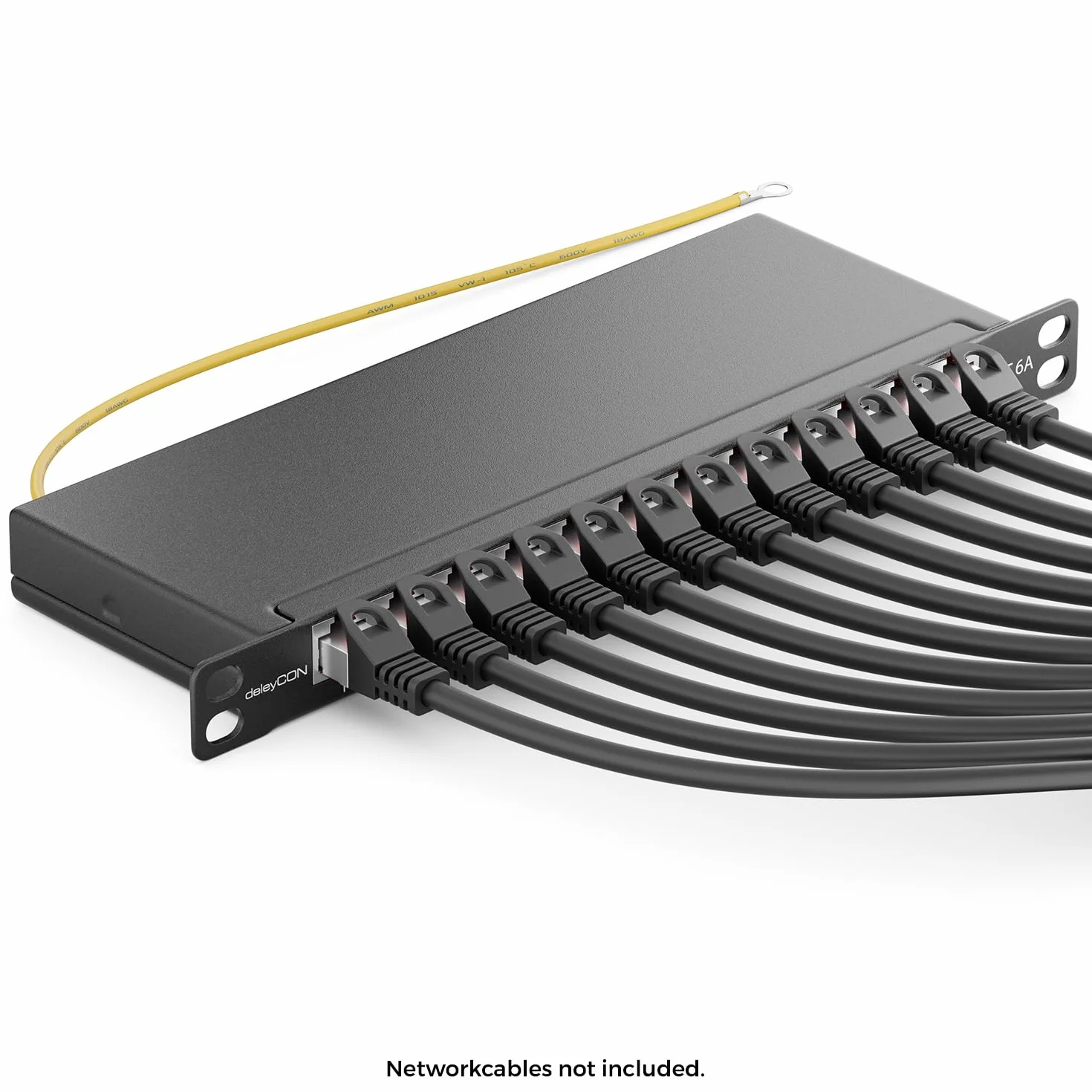 deleyCON CAT 6a 0.5U Patch Panel Mini Patch Panel 12 Portów - Desktop 10 Cali Montaż w Szafie Serwerowej RJ45 Ekranowany TIA568A TIA568B RAL 9005 Czarny