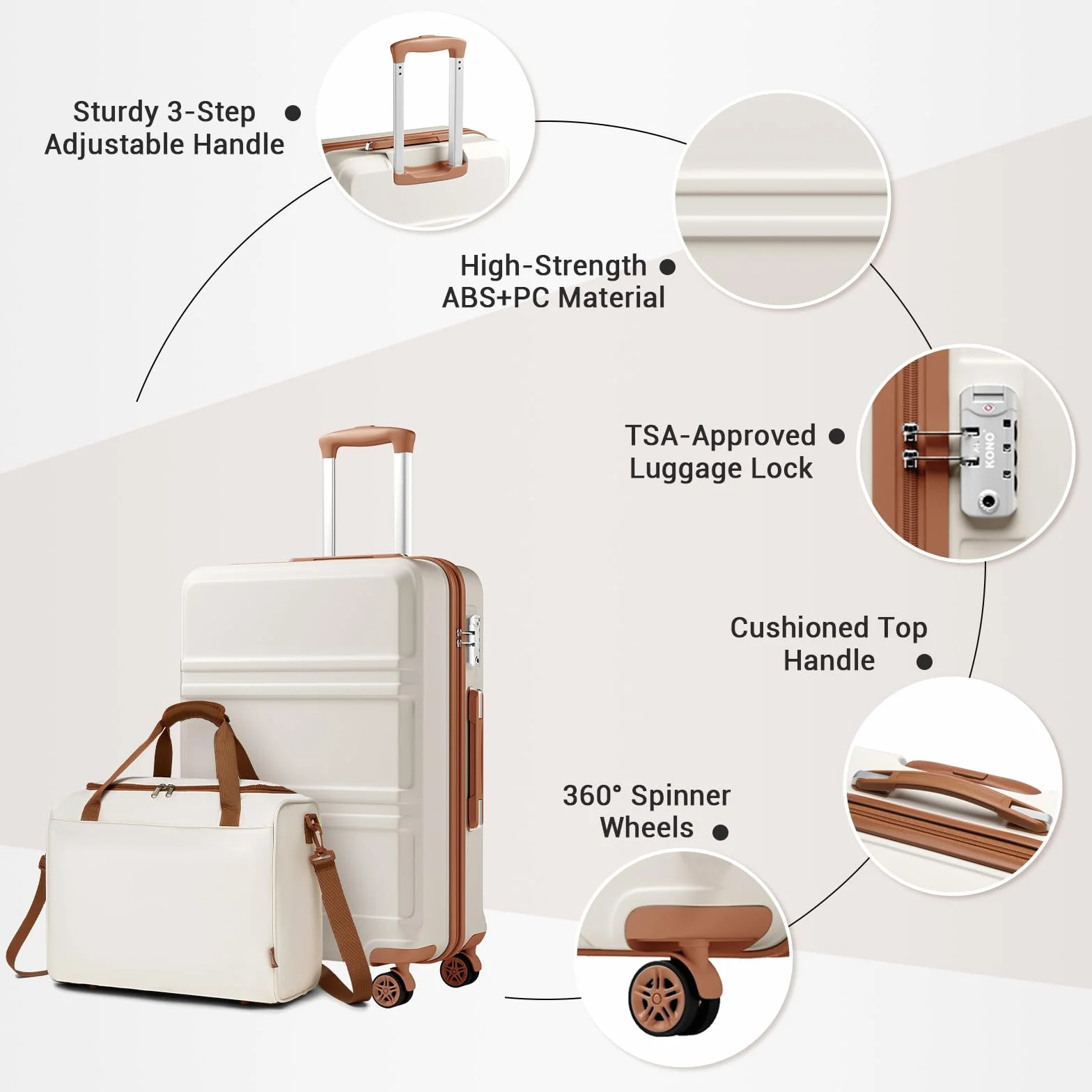 Kono Zestawy bagażowe Lekka walizka z twardą obudową ABS z zamkiem TSA + torba kabinowa Ryanair 40 x 20 x 25 cm, Kremowy, biały, 20 Inch Luggage Set, Carry on