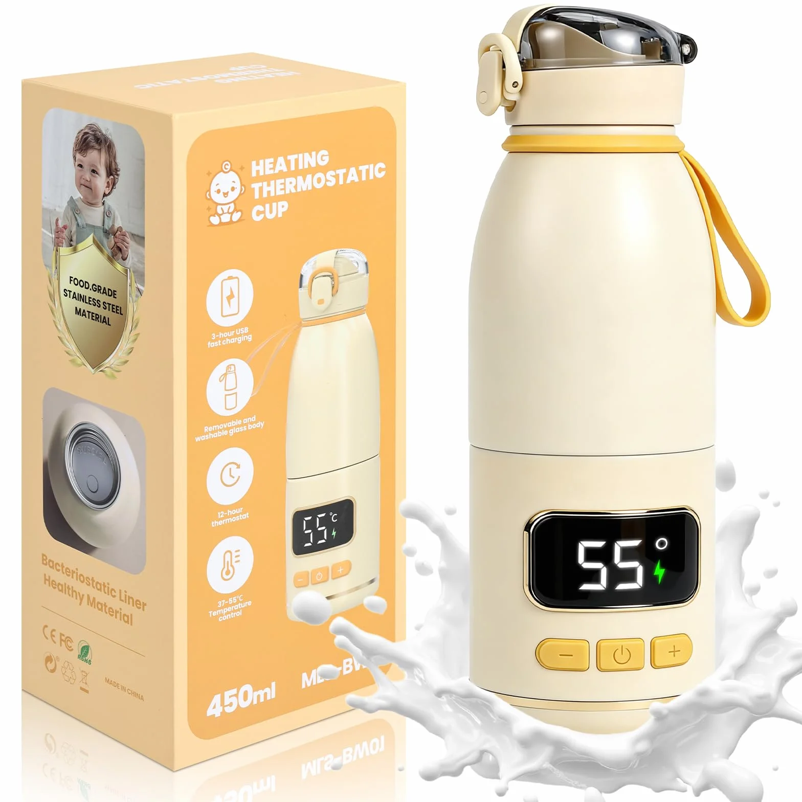 Przenośny podgrzewacz do butelek w podróży dla niemowląt, 450 ml, oddzielny podgrzewacz do butelek na mleko matki i wodę, łatwy do czyszczenia, idealny na wycieczki, noc, do samochodu i