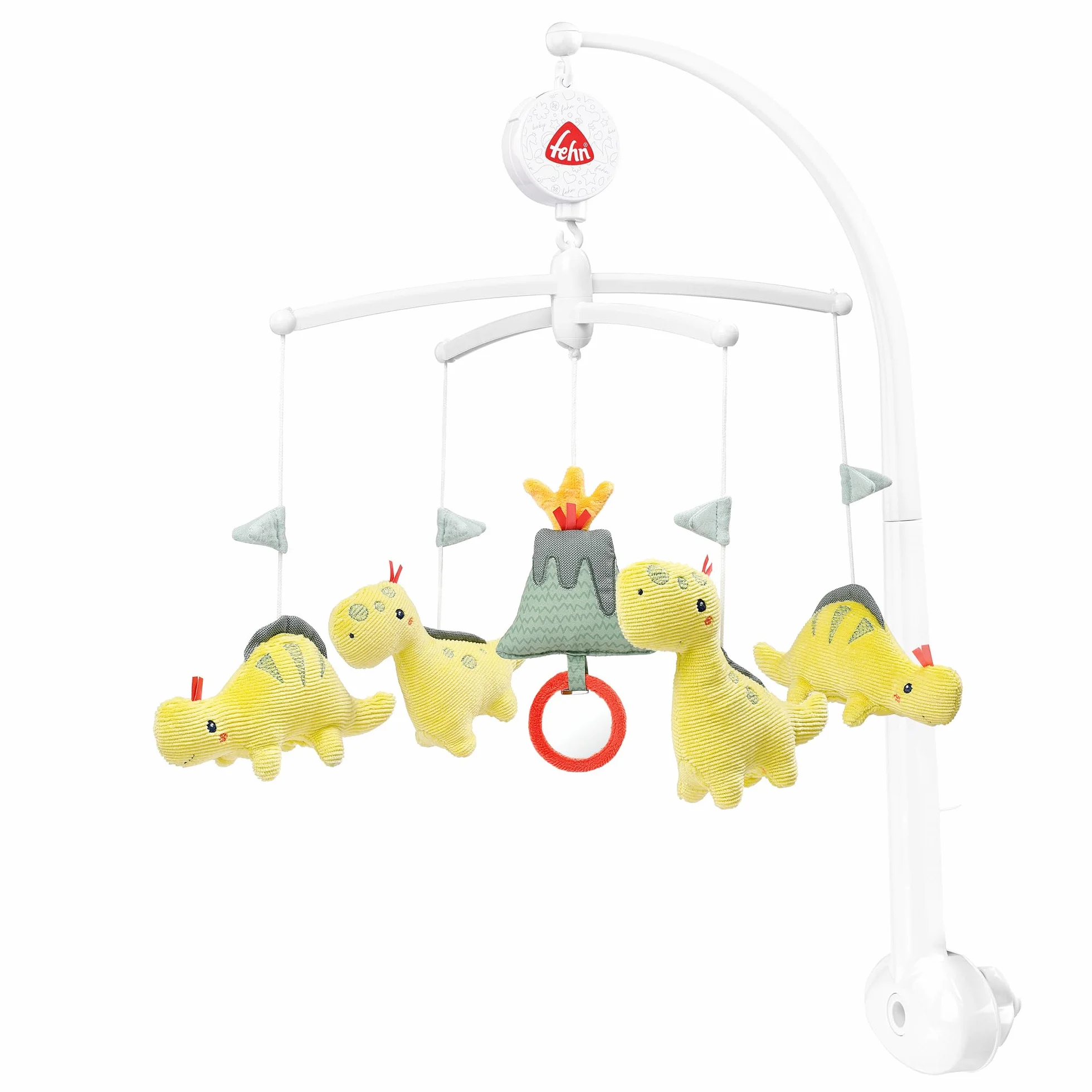 Fehn Musik-Mobile Happy Dino – Aufzieh-Mobile mit Spieluhr-Melodie „Brahms Wiegenlied“ und Figuren zur Beruhigung & Beschäftigung – Mit Bett-Befestigung für Babys von 0-5 Monaten