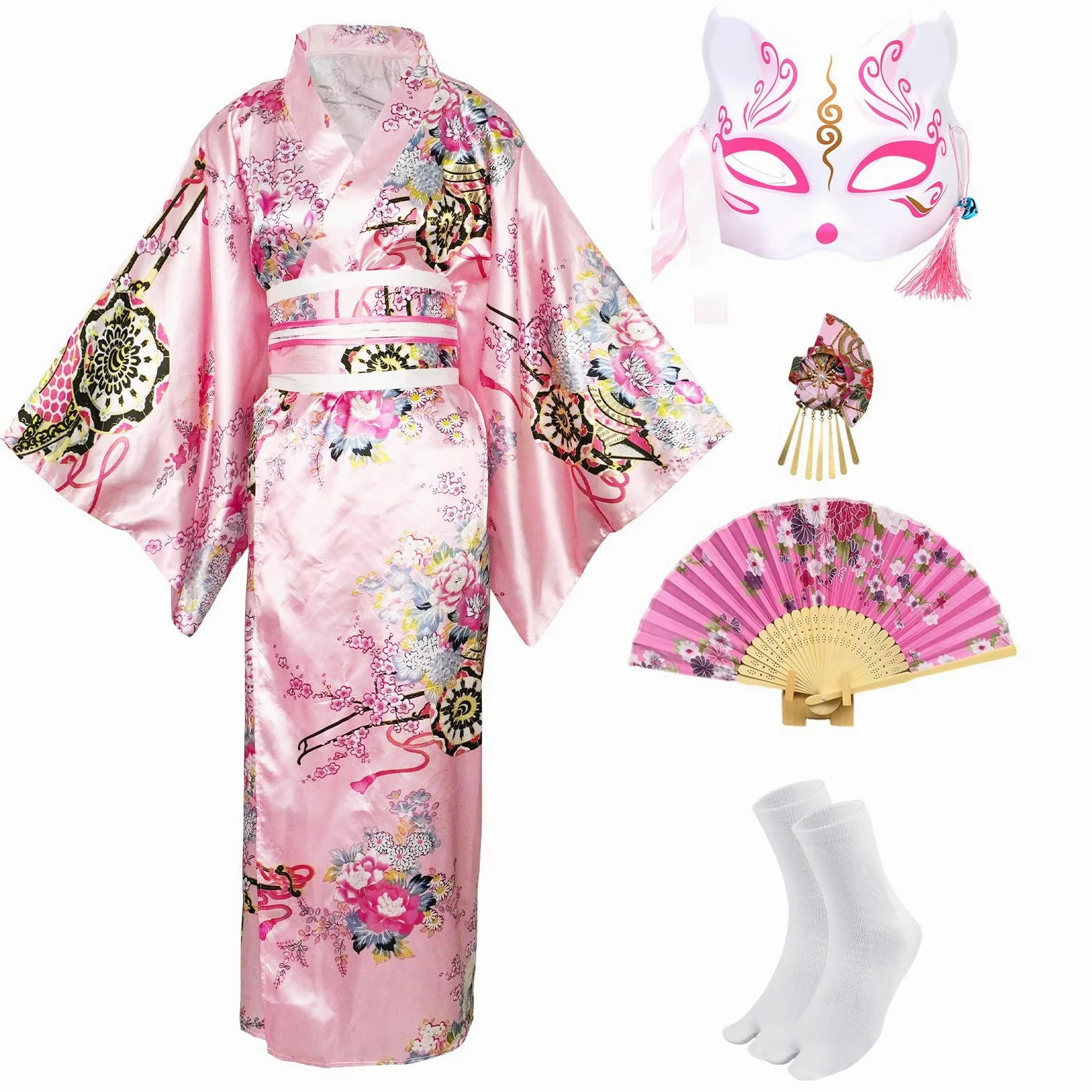 Damska tradycyjna japońska sukienka kimono z nadrukiem kwiatowym z paskiem sukienka japoński szlafrok Yukata kostium cosplay zestaw