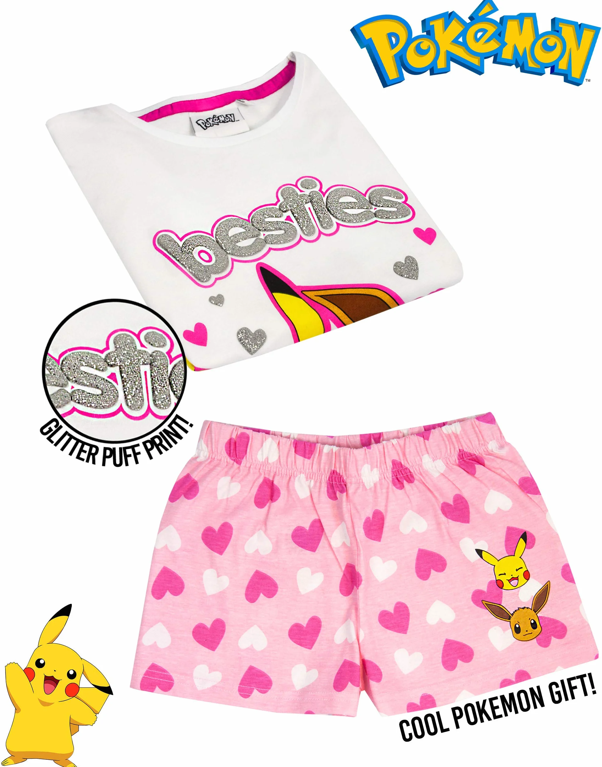 Piżama Pokemon Pikachu & Eevee Rękaw z falbanką Długie LUB krótkie nogi Dziewczyny PJs