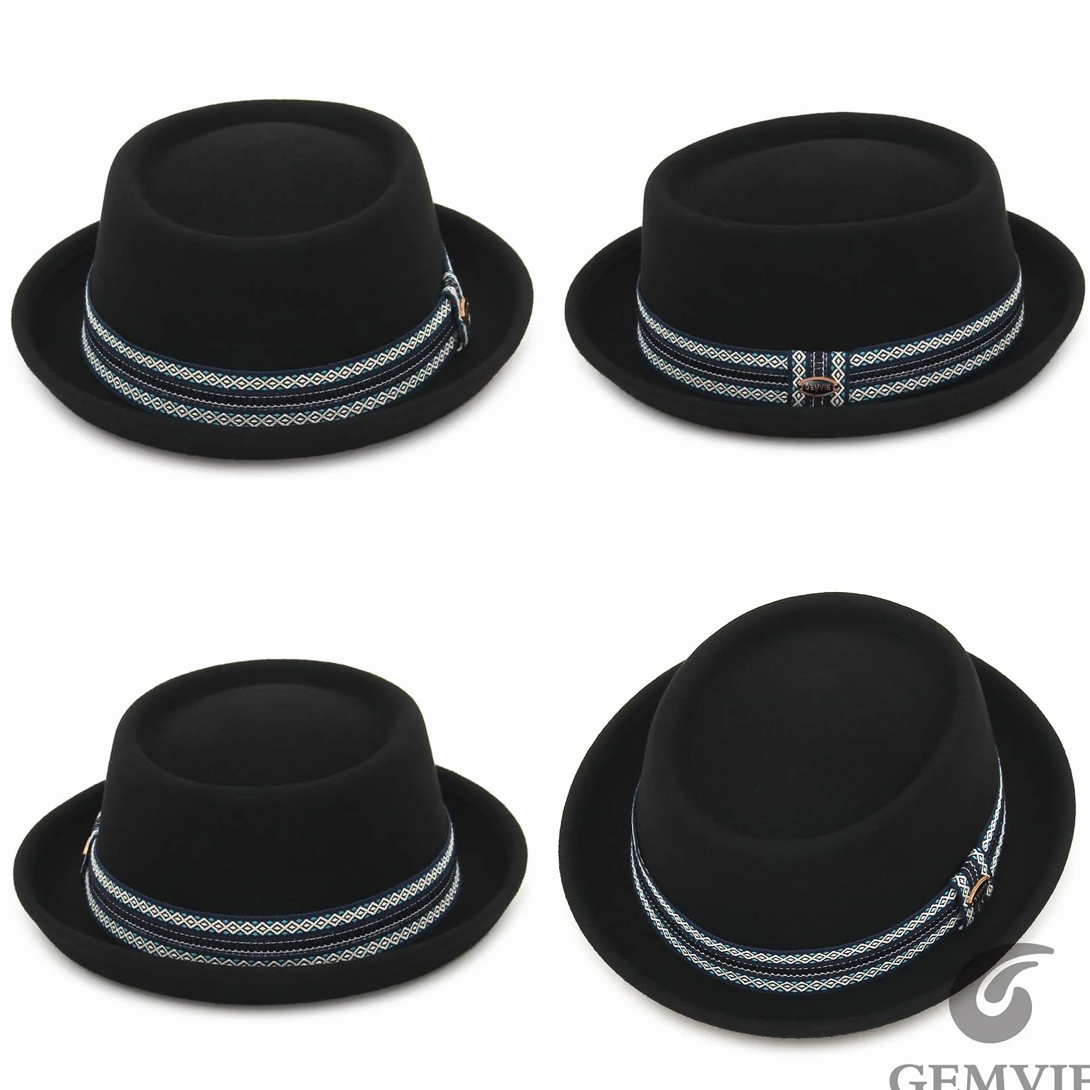 GEMVIE Kapelusz wieprzowy dla mężczyzn i kobiet 100% filcowy wełniany kapelusz Fedora Trilby czarny dorosły unisex kapelusze porkpie, Czarny + retro pasek, Rozmiar uniwersalny