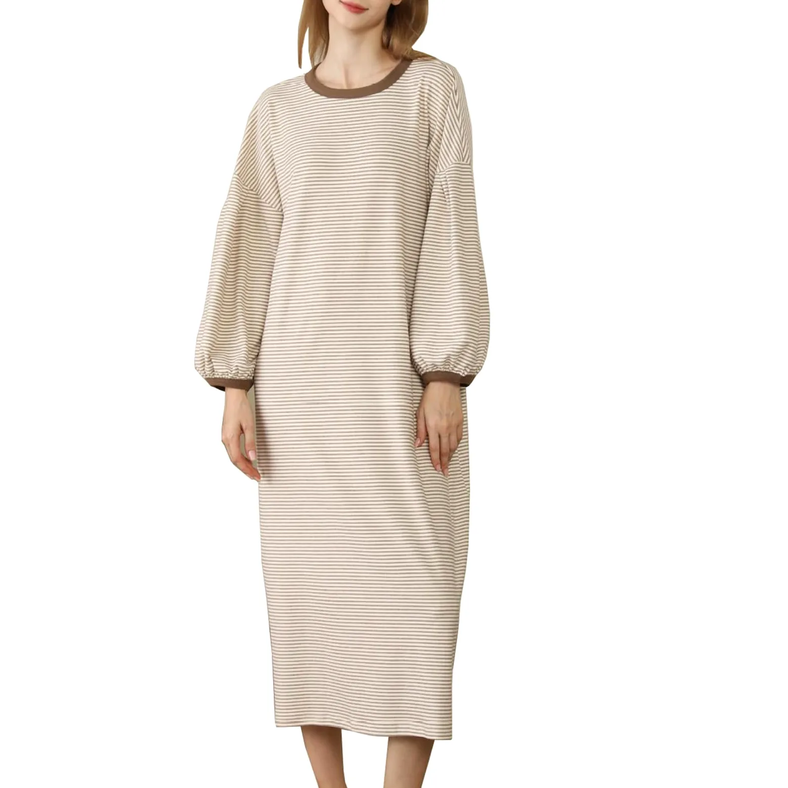 Generic Długie koszule nocne w paski dla kobiet, miękka koszulka nocna z okrągłym dekoltem luźna bielizna nocna Fit Pullover,Curry stripe,One Size