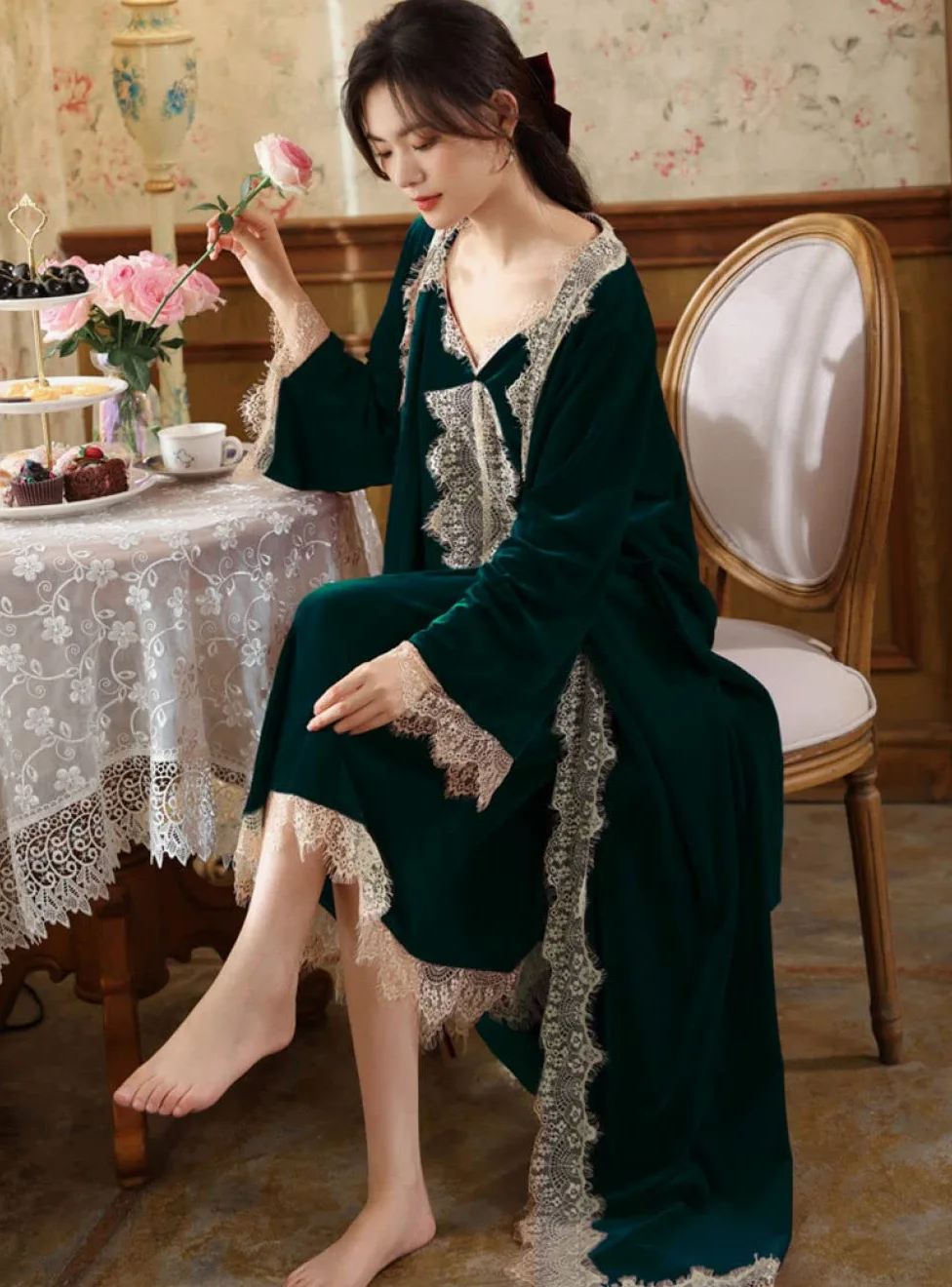 Damska koszula nocna, damskie zestawy piżam w stylu vintage ciemnozielony aksamit dekolt w serek koronkowa sukienka z długim rękawem seksowna sukienka nocna do pończoch koszula nocna koszula nocna