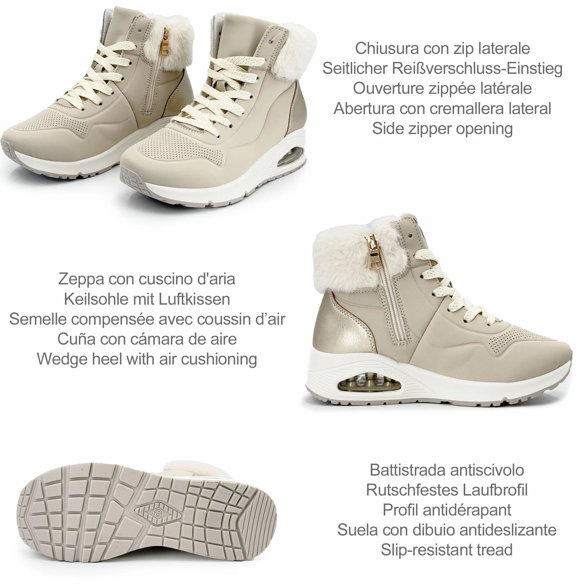 JOMIX Damskie zimowe botki z ciepłą podszewką, buty sneaker z futrzanym kołnierzem, koturn, antypoślizgowa podeszwa