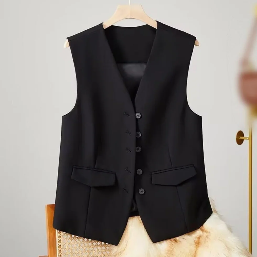 Damska kamizelka, blezer bez rękawów, elegancka, wąska kamizelka zapinana na guziki do pracy i biura, retro kamizelka na imprezę, dekolt w serek, elegancka kamizelka garniturowa, czarna, S