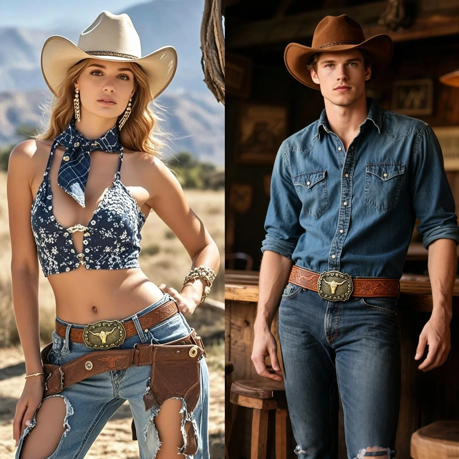 Cowboy pasek męski skórzany – westernowy damski kowboj z longhorn Bull Western, klamra do paska, tłoczenie kwiatowe, brązowy, damski w stylu country, do dżinsów, na co dzień, imprezę, prezent