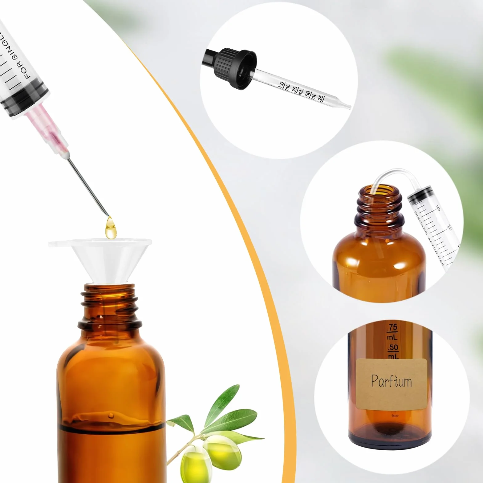 Butelka z Pipetą, 6 Szt. 50 ml, Apteczna, z Lejkiem, Naklejką i Etykietą, z Brązowego Szkła, Kroplomierz Na Olejki Eteryczne, Perfumowane, Aromaterapię