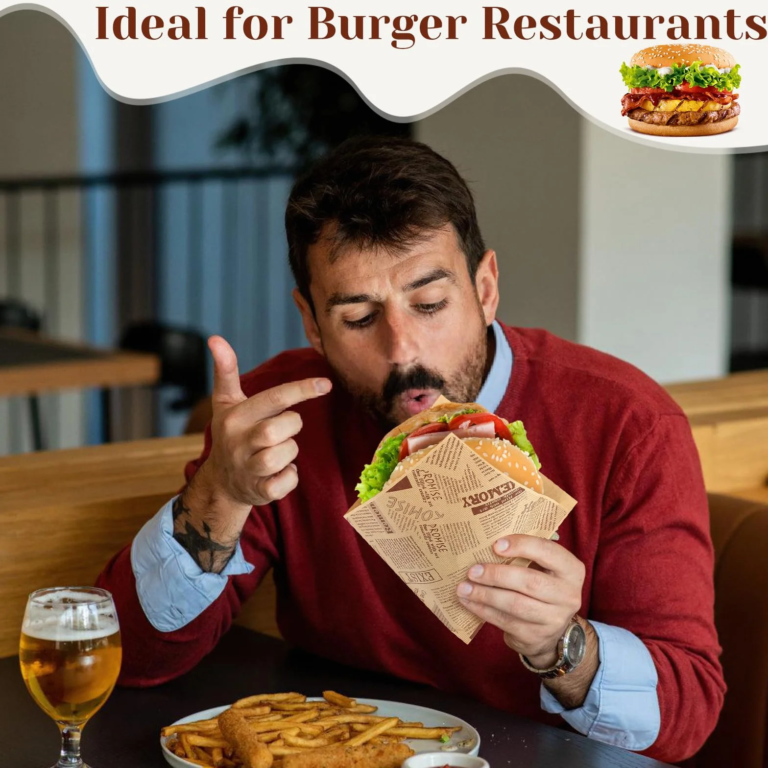 200 sztuk arkuszy papieru Deli, 15 x 15 cm, papier typu burgery, torebki do kebaba, kanapek, papier do zawijania kanapek, burgerów, frytek