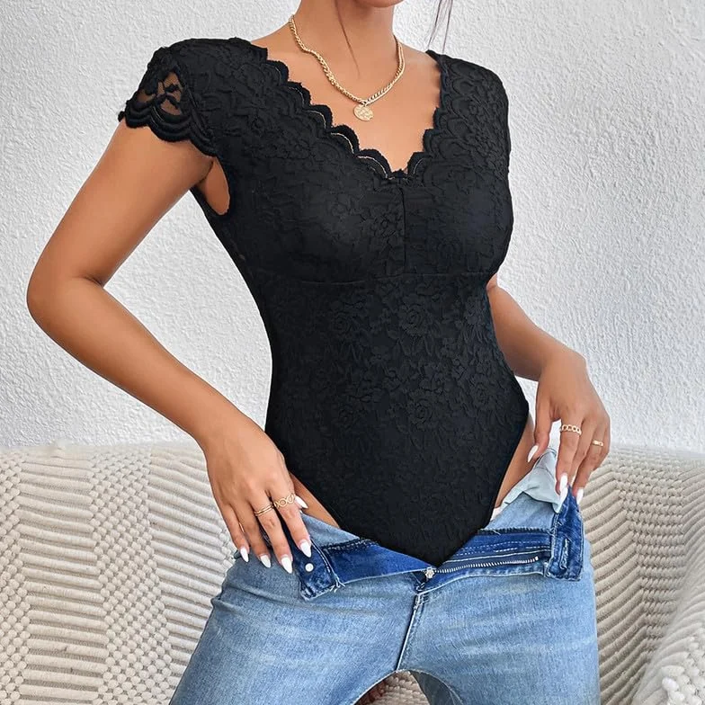 Seksowne damskie koronkowe body z dekoltem w szpic kwiatowy top obcisła bluzka z krótkim rękawem Cami Bluzka Clubwear