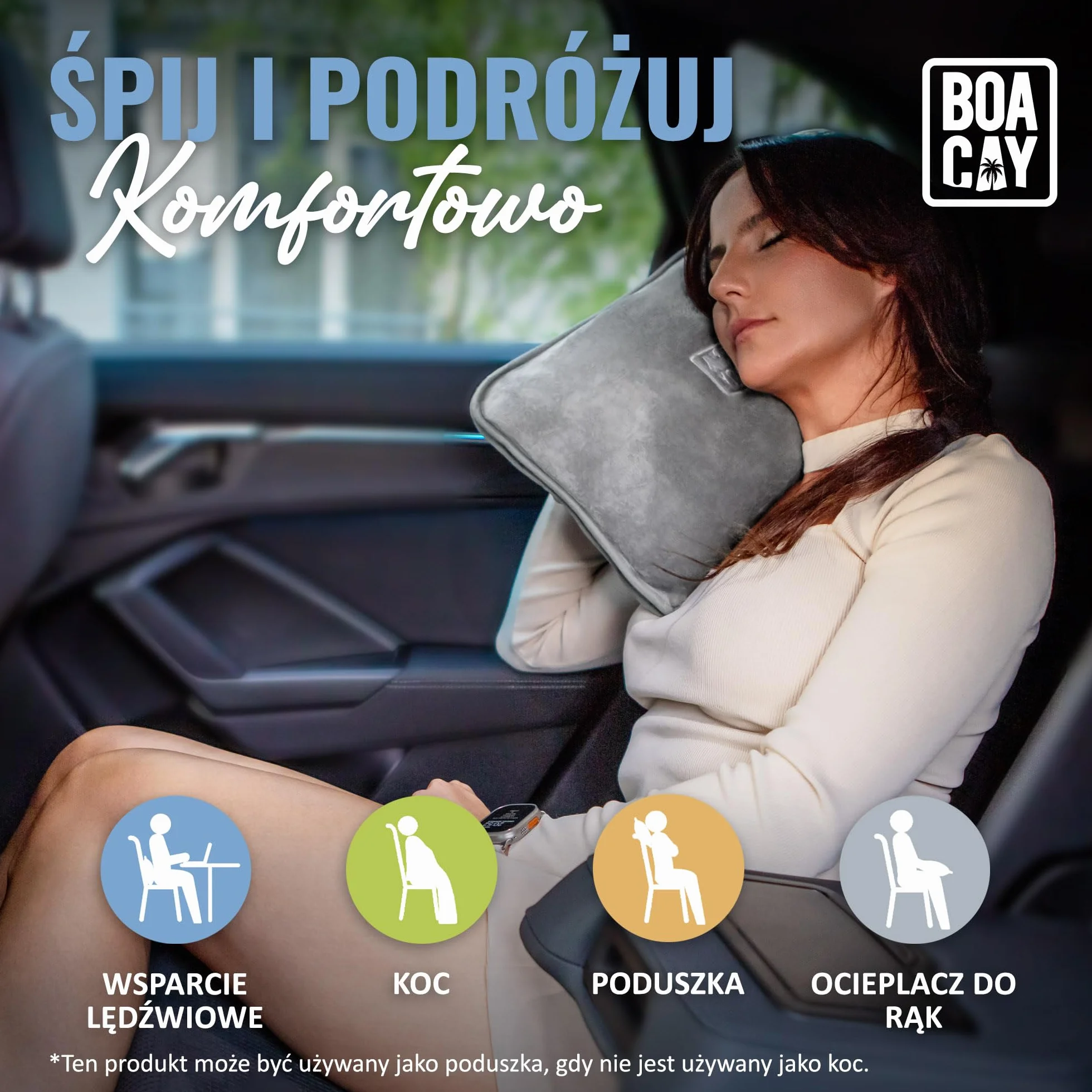 BOACAY Miękki i Ciepły Koc Podróżny do Samolotu i Samochodu - Niezbędnik Długiego Lotu dla Kobiet, Mężczyzn, Dzieci - Poduszka Kompaktowa z Rękawem na Bagaż i Klipem na Plecaka