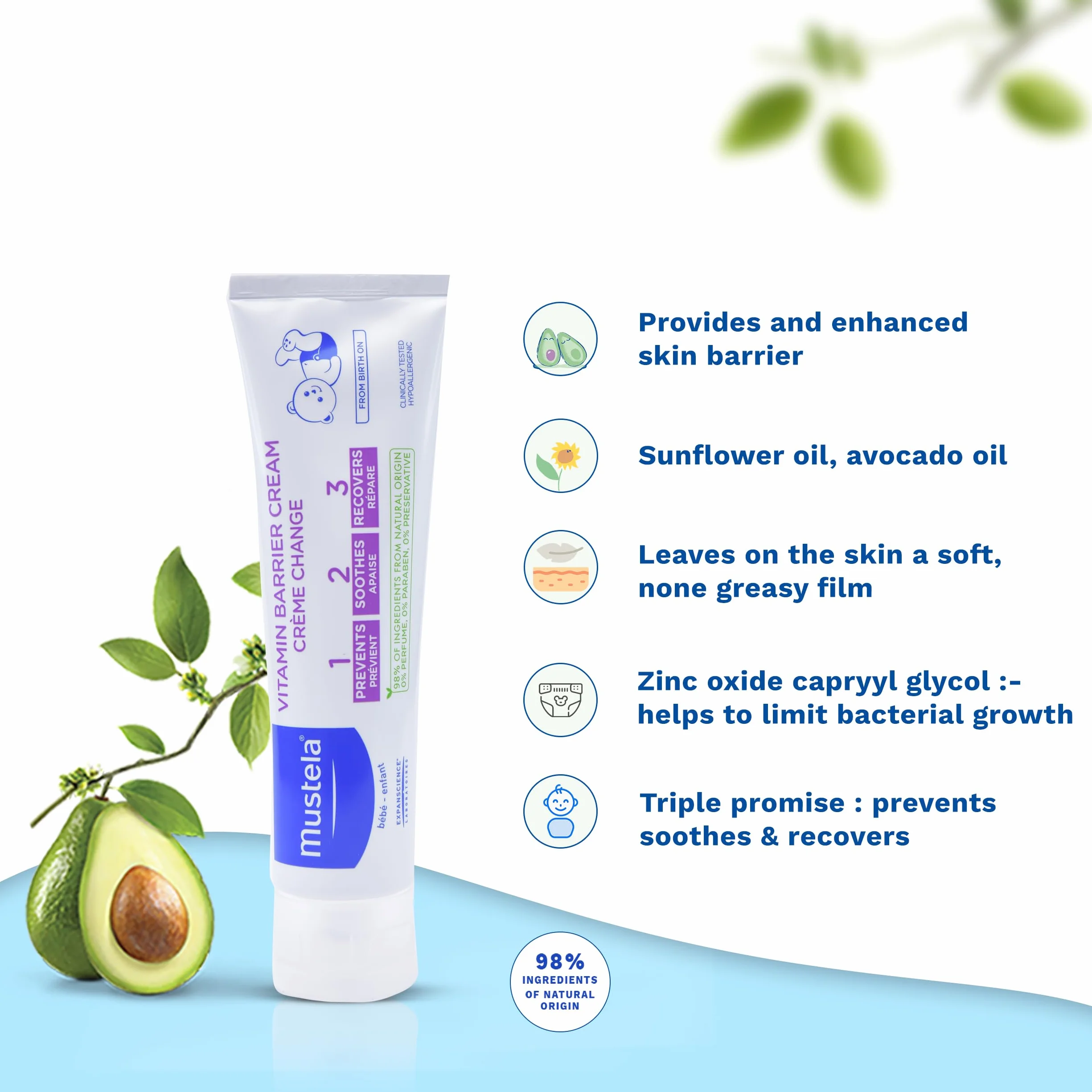 Mustela bébé – krem do pieluszek do wrażliwej skóry dziecka – ochrona przed podrażnieniami skóry i zaczerwienieniami (1 x 100 ml)