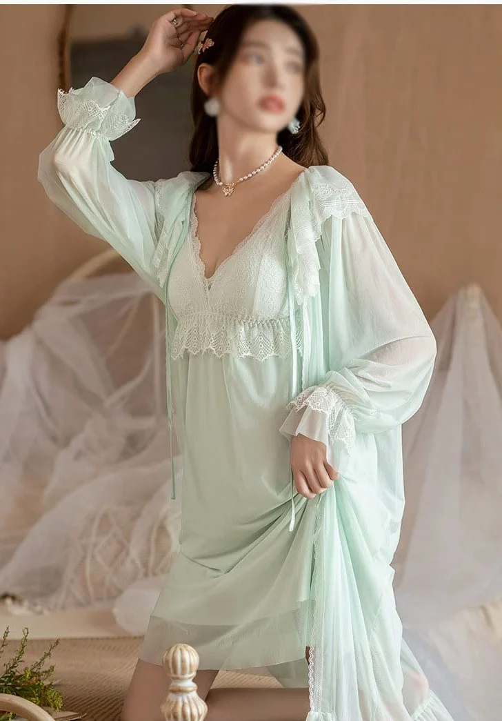 Romantyczne koszule nocne komplety koronkowe szlafroki damskie jesienne siatkowe długie szlafroki dla panny młodej sukienka wieczorowa koszulka nocna elegancka bielizna nocna (biała w jednym