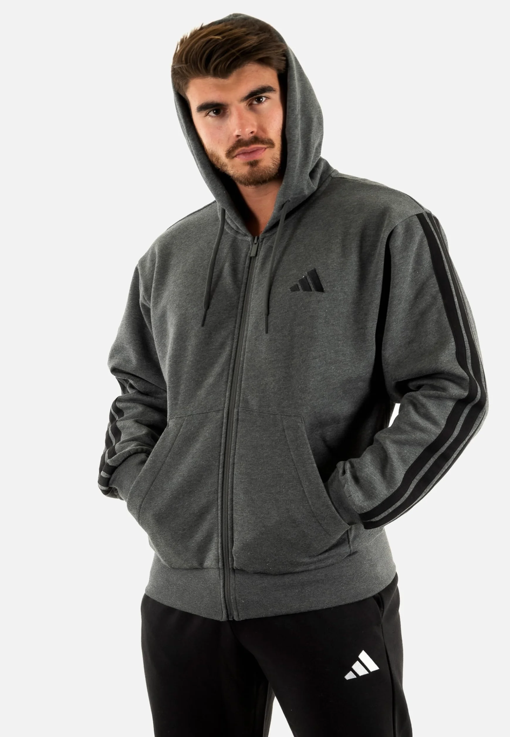 adidas Mezczyzni Essential Three Stripes Fleece Zipper Hoodie Sweatshirt, dark grey heather/black, S
