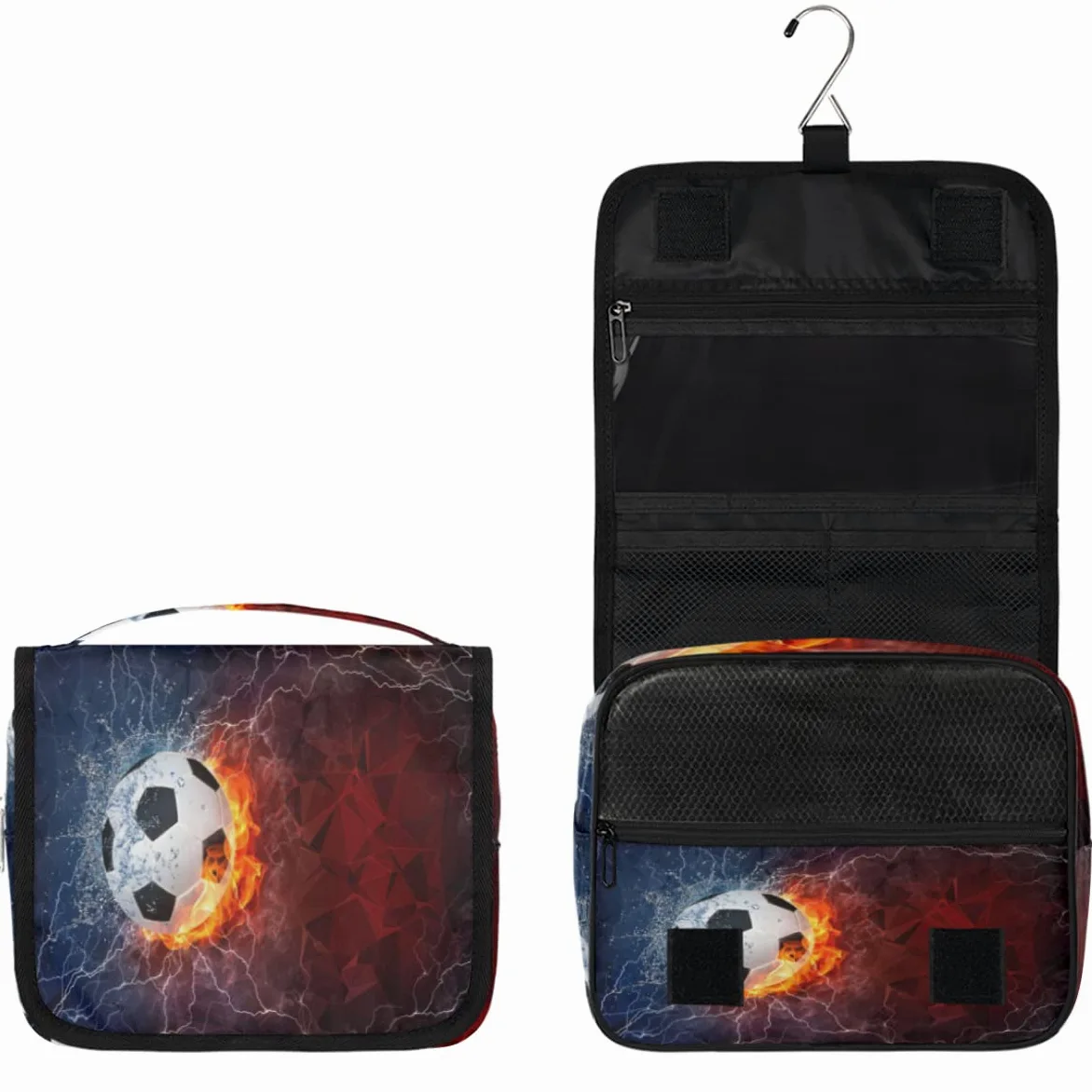 Piłka nożna Podróżna kosmetyczka Piłka nożna Ogień i Woda Mycie Torba Unisex Wiszące przybory toaletowe Kosmetyczka Organizer do makijażu, wielobarwny, Jeden rozmiar
