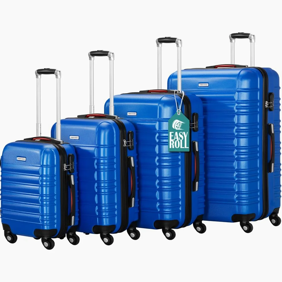 Zestaw 4 twardych walizek ABS, sztywne walizki S-M-L-XL teleskopowy uchwyt i 4 kółka Easy Roll, zamek szyfrowy, wytrzymały wózek podróżny, z bagażem podręcznym, Niebieska, 50x32x75 cm,