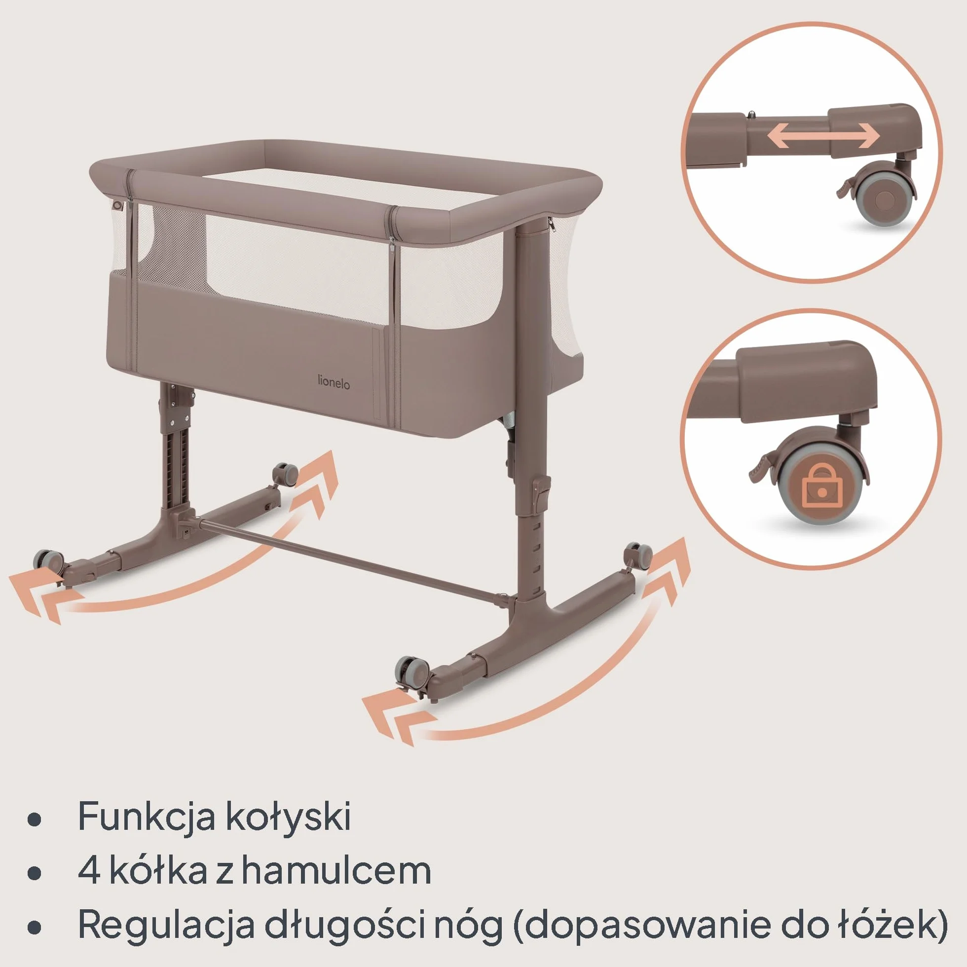 LIONELO Aurora 3 w 1 Łóżeczko Dziecięce do 9 kg, Łóżko Dostawne, Kołyska, Regulacja Wysokości oraz Kąta Nachylenia Materaca, 4 Kółka z Hamulcem Ergonomiczny Materac Torba (Szary)