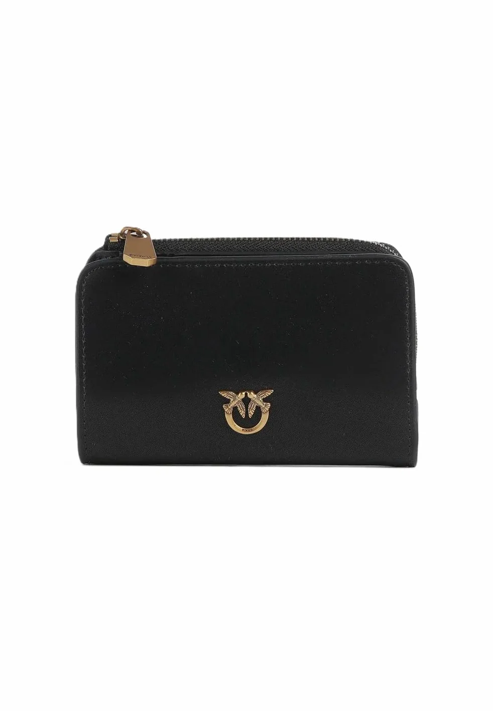 Pinko Czarny skórzany portfel damski 12 x 8 x 2,5 cm z zapięciem na guziki, przegrody na karty, zewnętrzna portmonetka, antyczny złoty galwanizacja