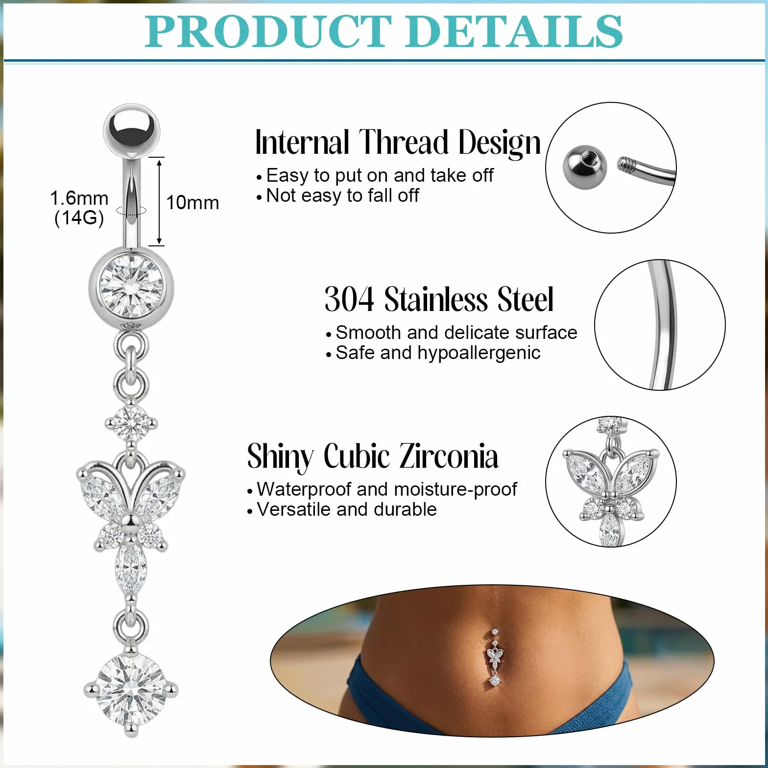 5 sztuk srebrnych kolczyków do pępka: piercing do pępka ze stali nierdzewnej 304, piercing do pępka 12 mm, długość pręcika 10 mm, kolczyk do brzucha, motyle, kwiaty, zawieszka dla kobiet i